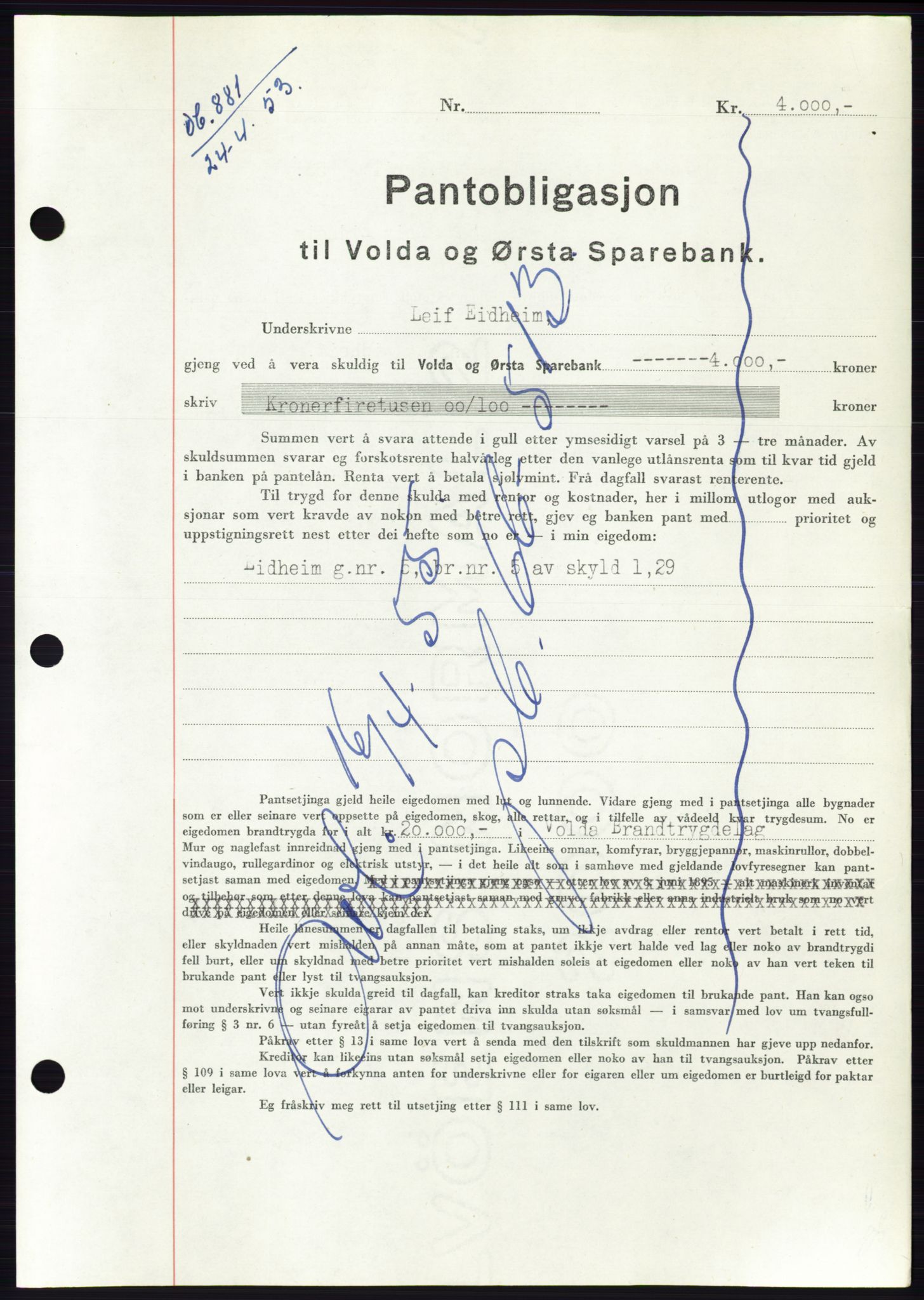 Søre Sunnmøre sorenskriveri, AV/SAT-A-4122/1/2/2C/L0123: Mortgage book no. 11B, 1953-1953, Diary no: : 881/1953