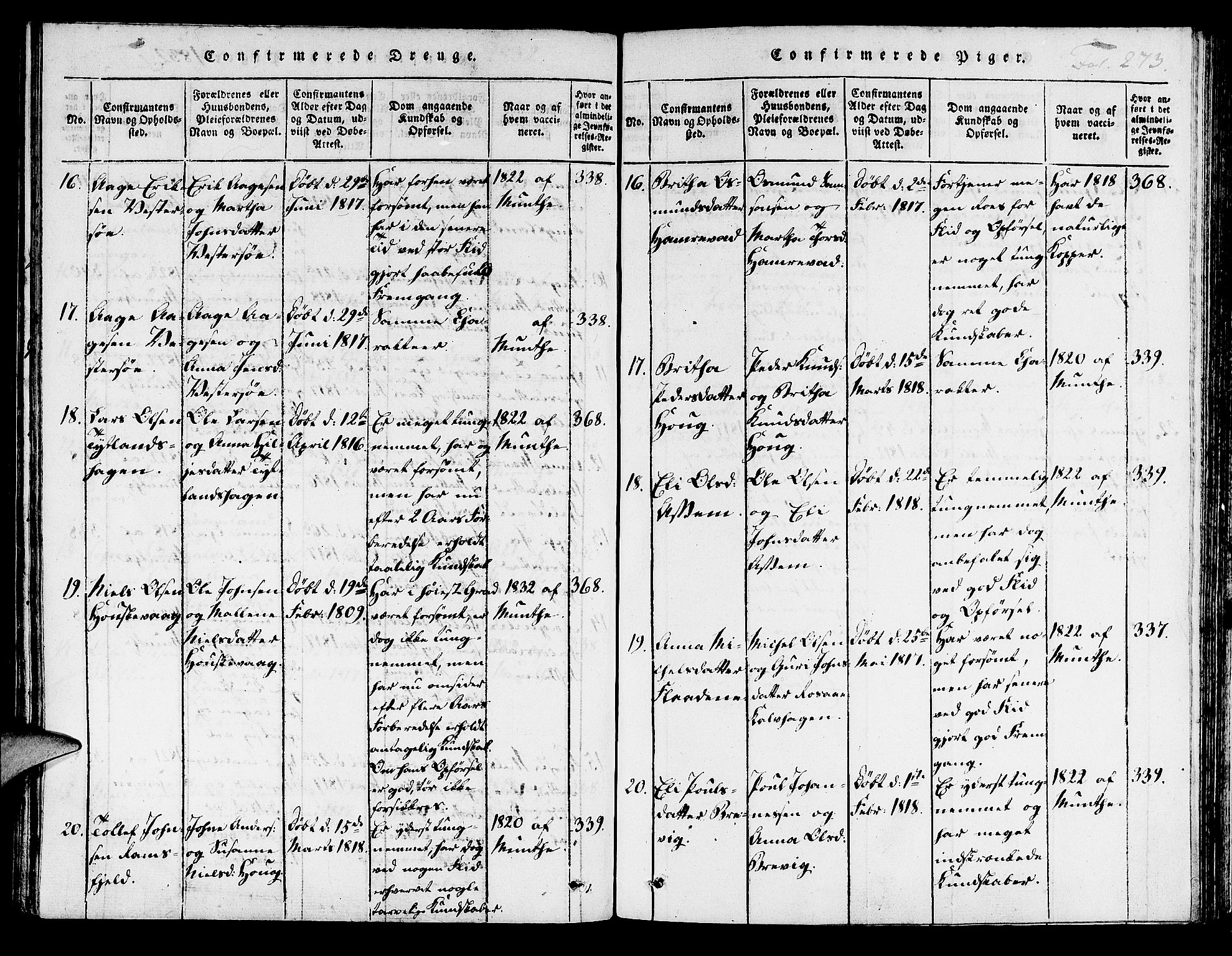 Hjelmeland sokneprestkontor, AV/SAST-A-101843/01/IV/L0003: Parish register (official) no. A 3, 1816-1834, p. 273