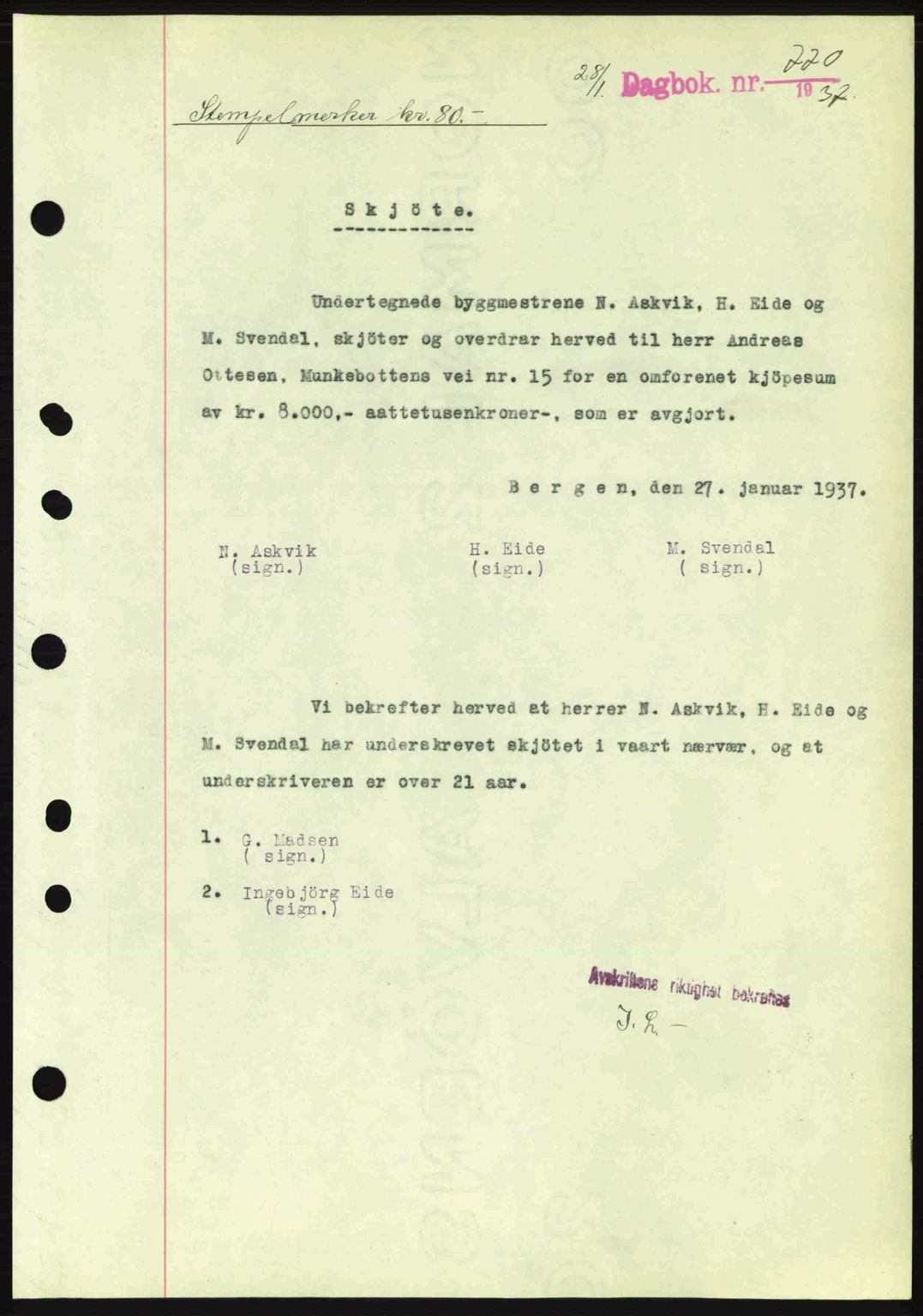 Byfogd og Byskriver i Bergen, SAB/A-3401/03/03Bc/L0004: Mortgage book no. A3-4, 1936-1937, Diary no: : 770/1937