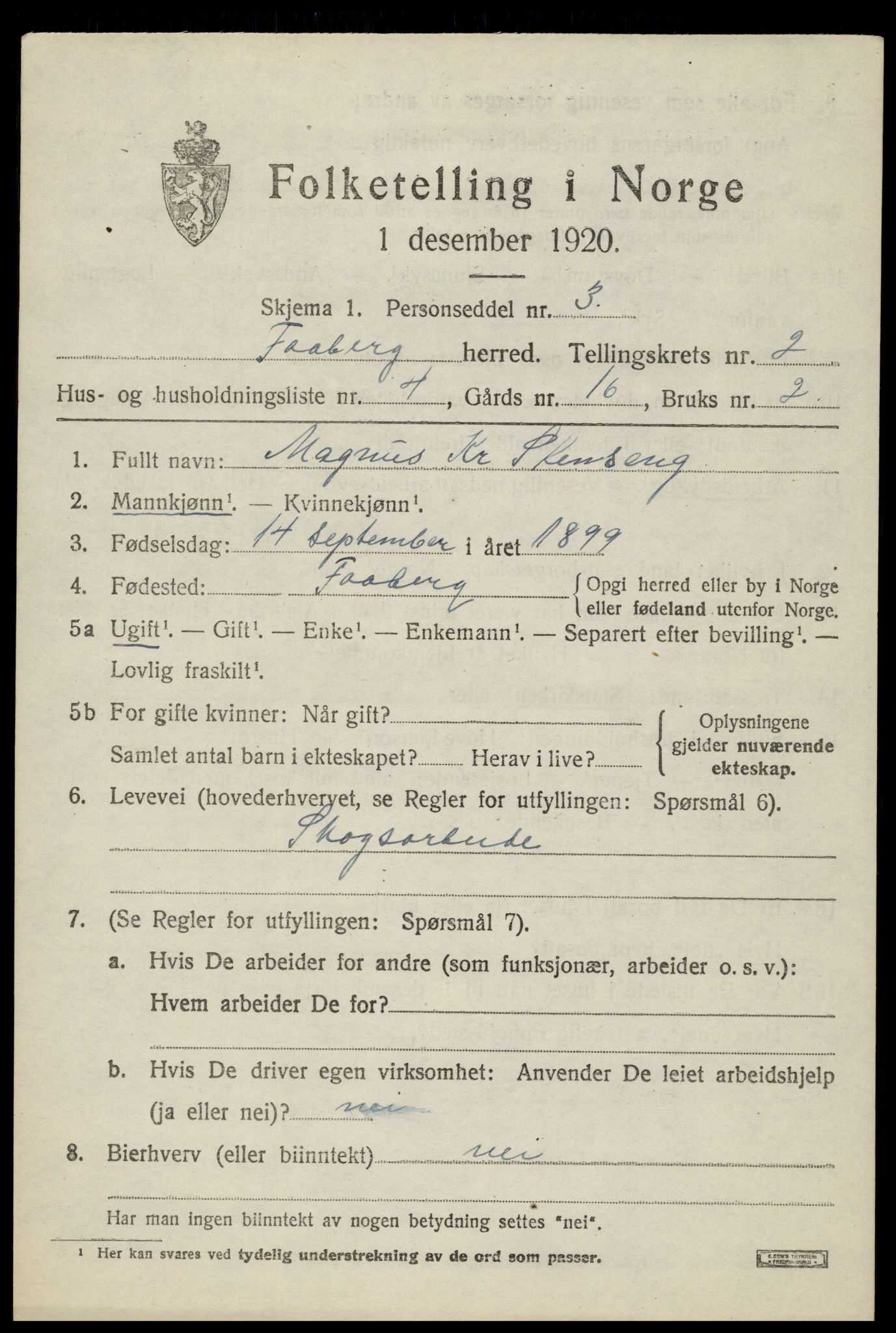 SAH, 1920 census for Fåberg, 1920, p. 3274