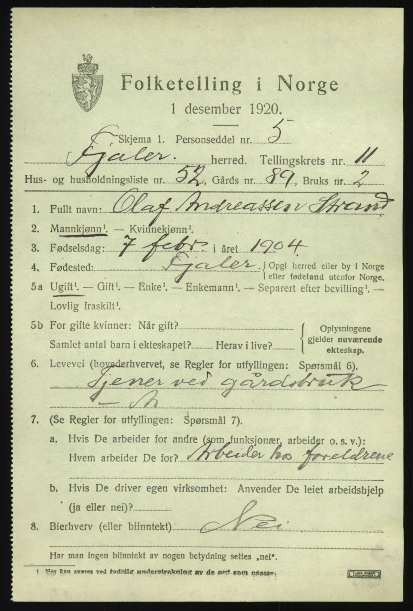 SAB, 1920 census for Fjaler, 1920, p. 6753