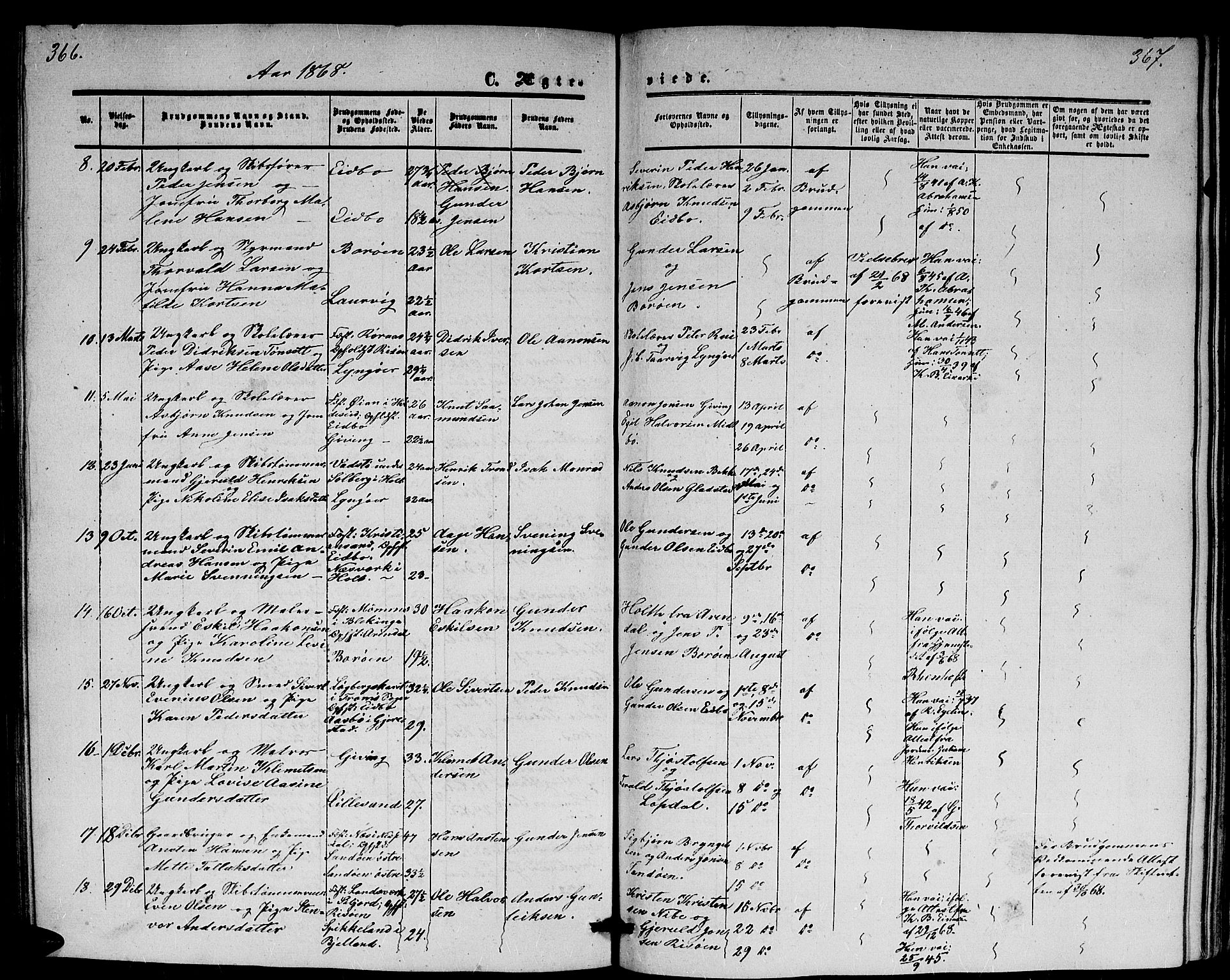 Dypvåg sokneprestkontor, AV/SAK-1111-0007/F/Fb/Fba/L0011: Parish register (copy) no. B 11, 1857-1872, p. 366-367