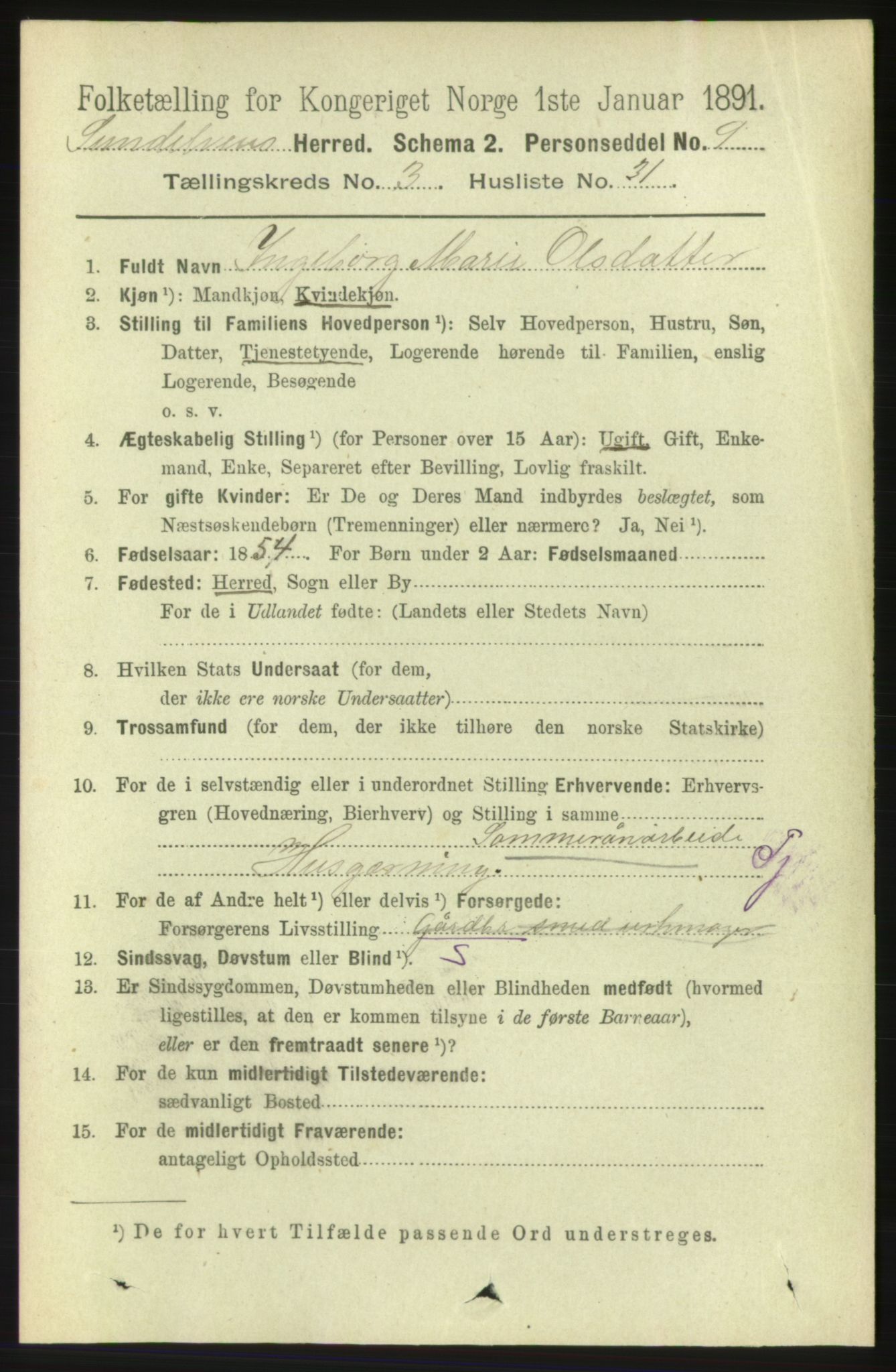 RA, 1891 census for 1523 Sunnylven, 1891, p. 833