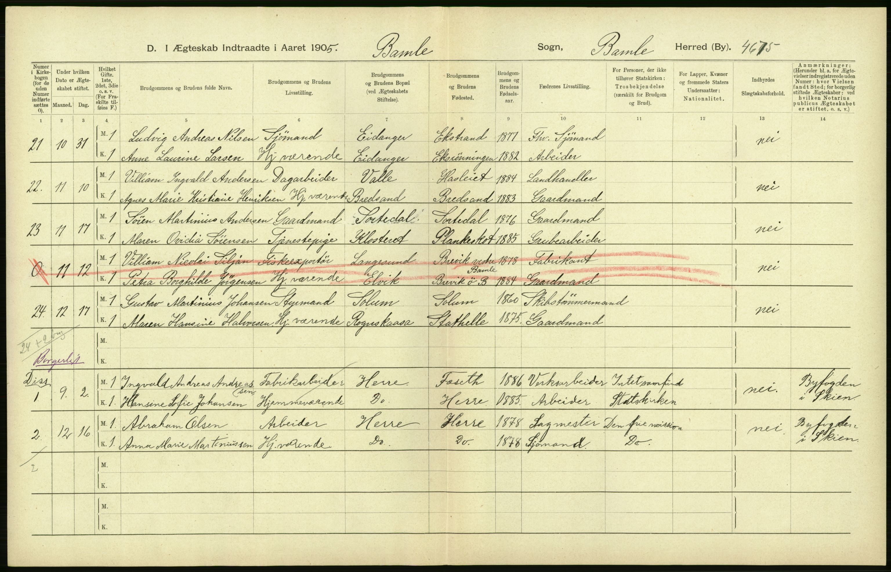 Statistisk sentralbyrå, Sosiodemografiske emner, Befolkning, RA/S-2228/D/Df/Dfa/Dfac/L0017: Bratsberg amt: Døde, dødfødte, gifte. Bygder., 1905, p. 22