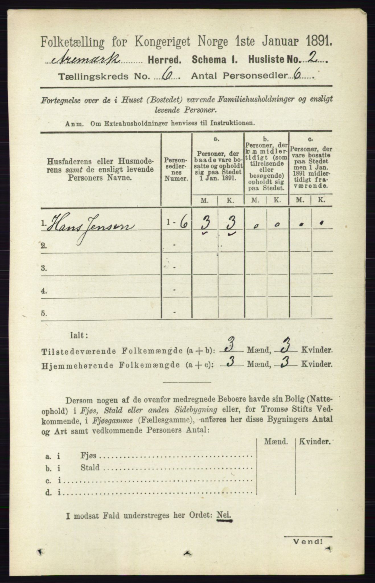 RA, 1891 census for 0118 Aremark, 1891, p. 2997