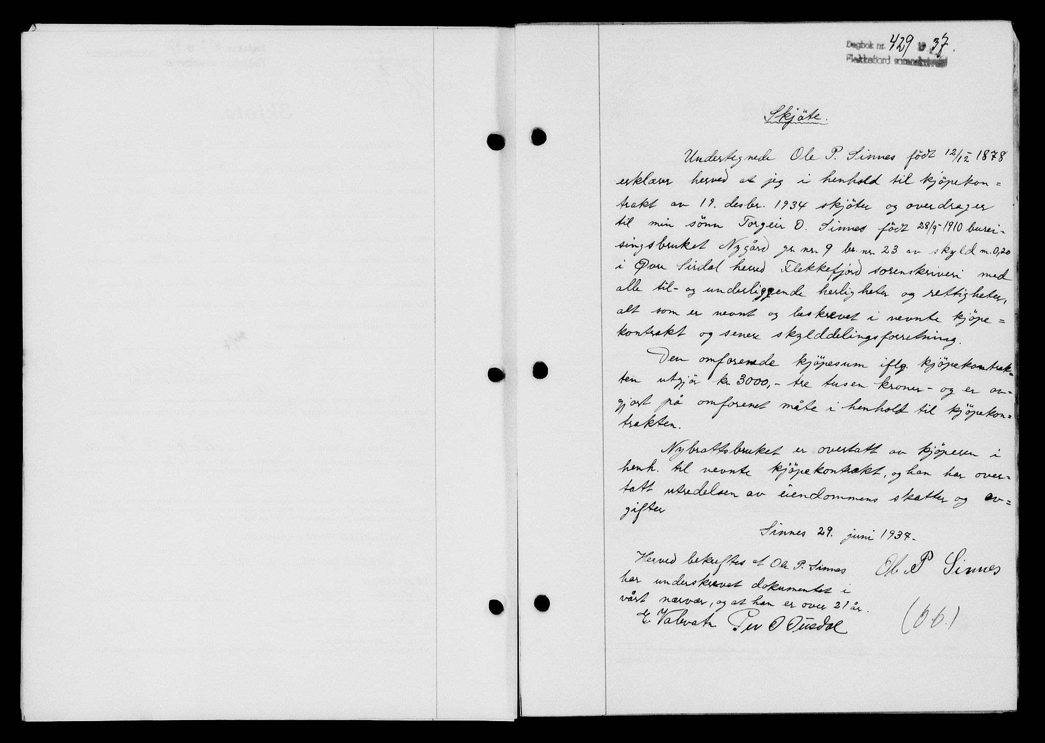 Flekkefjord sorenskriveri, SAK/1221-0001/G/Gb/Gba/L0053: Mortgage book no. A-1, 1936-1937, Diary no: : 429/1937