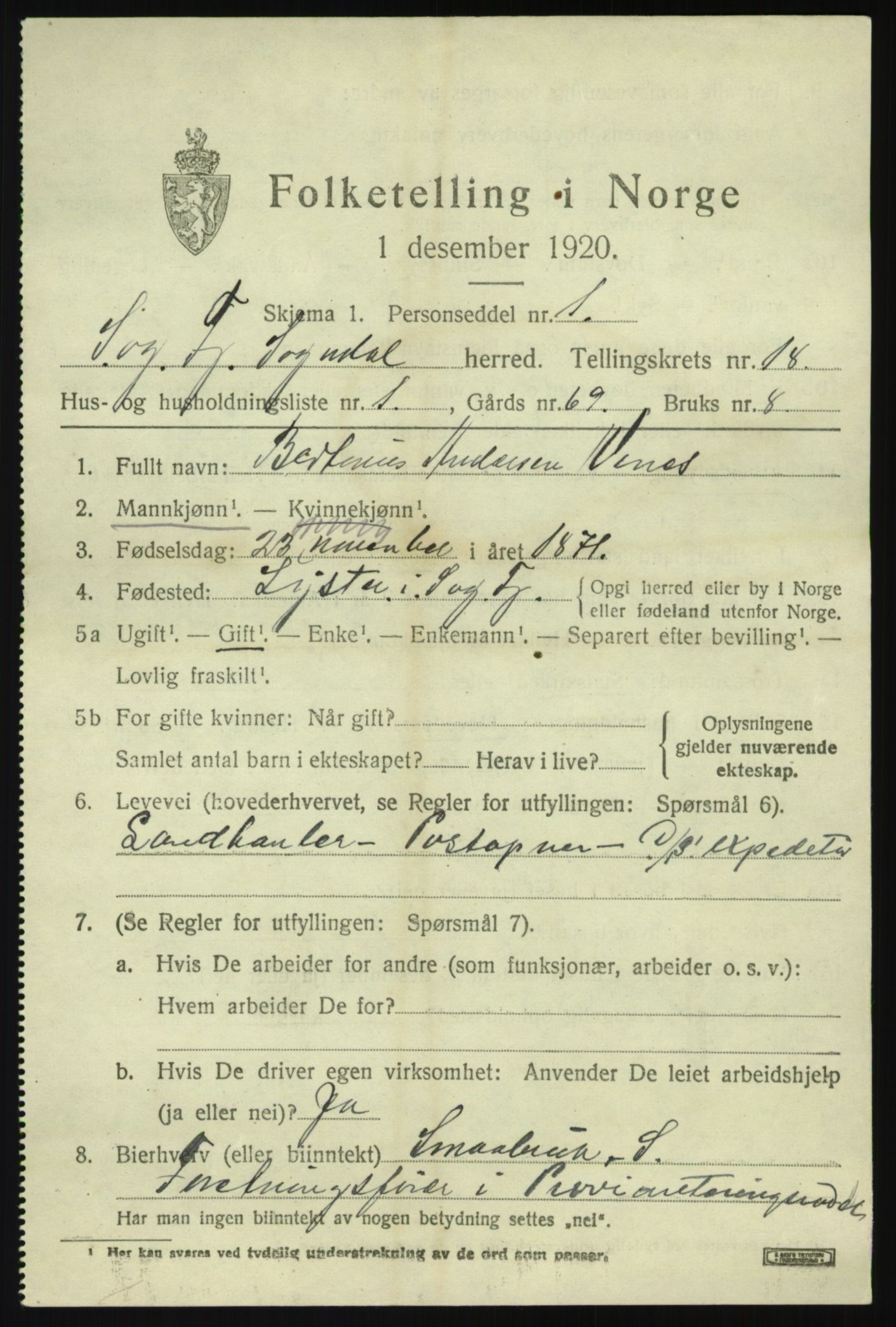 SAB, 1920 census for Sogndal, 1920, p. 6605