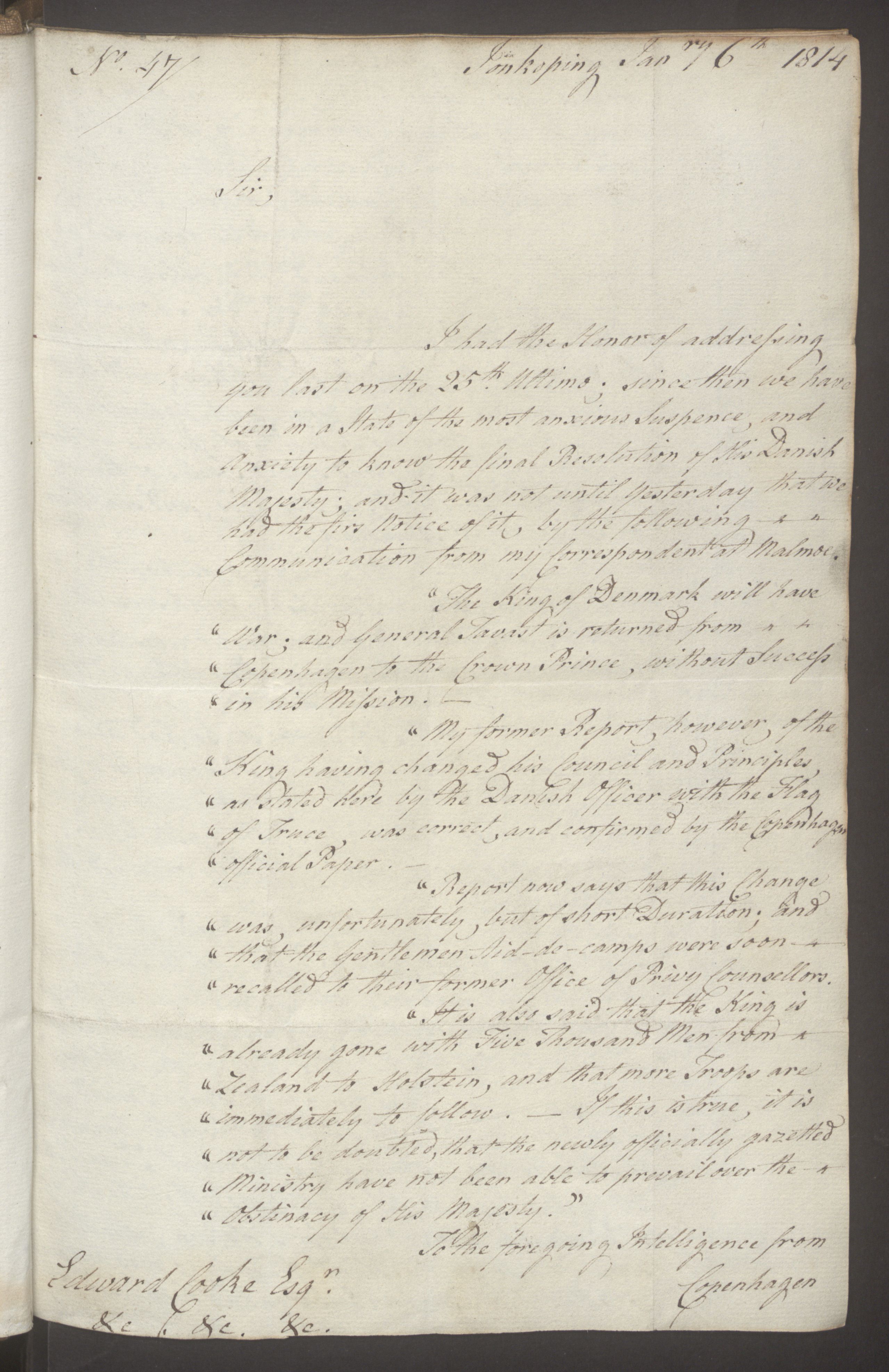 Foreign Office*, UKA/-/FO 38/16: Sir C. Gordon. Reports from Malmö, Jonkoping, and Helsingborg, 1814, p. 3