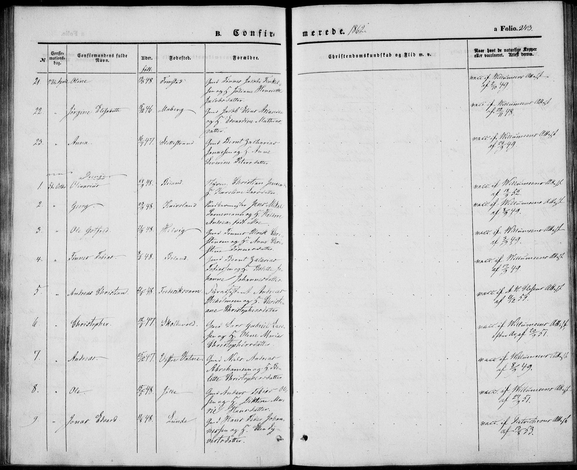 Lista sokneprestkontor, AV/SAK-1111-0027/F/Fb/L0002: Parish register (copy) no. B 2, 1847-1862, p. 243