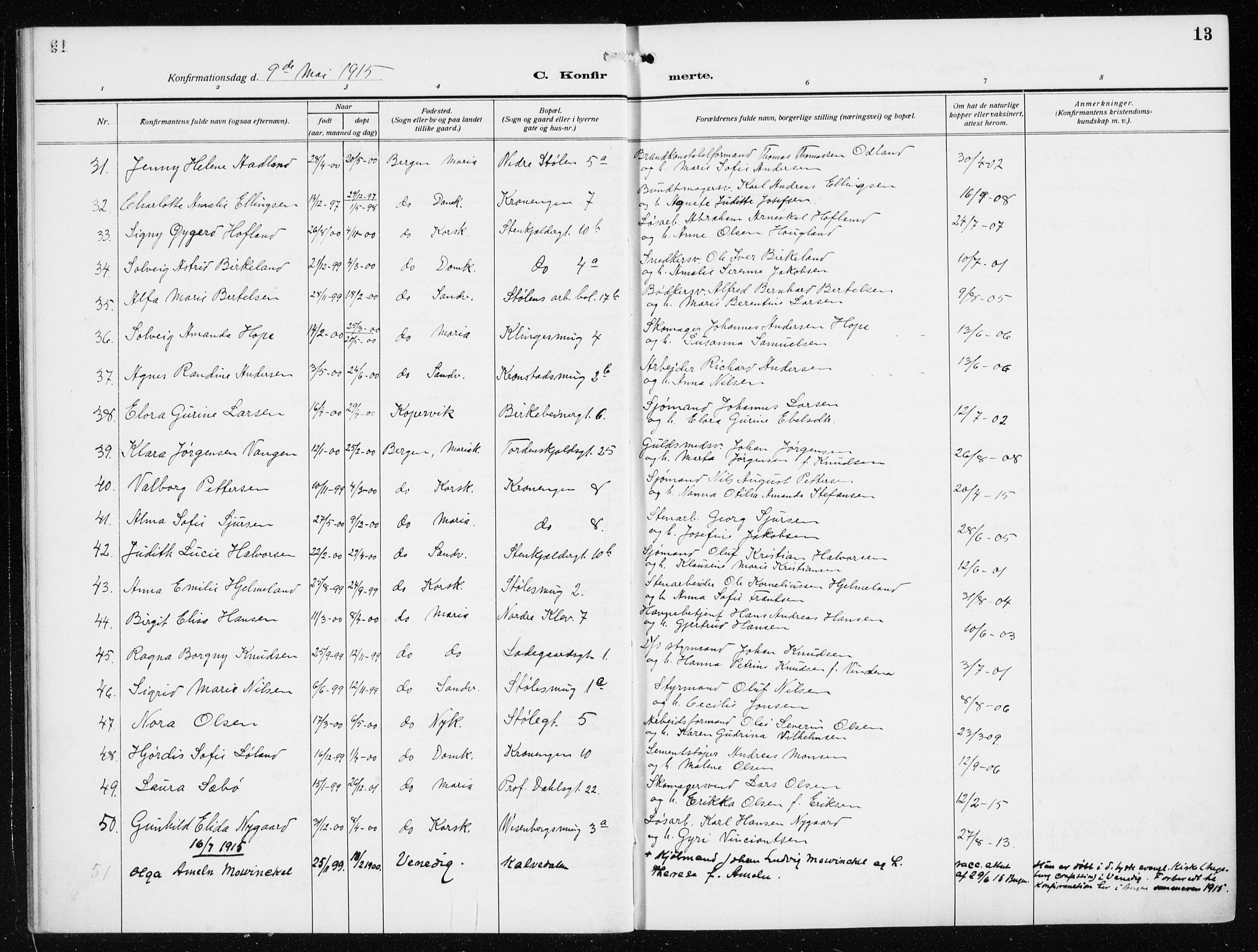 Mariakirken Sokneprestembete, AV/SAB-A-76901/H/Haa/L0015: Parish register (official) no. C 3, 1913-1927, p. 13