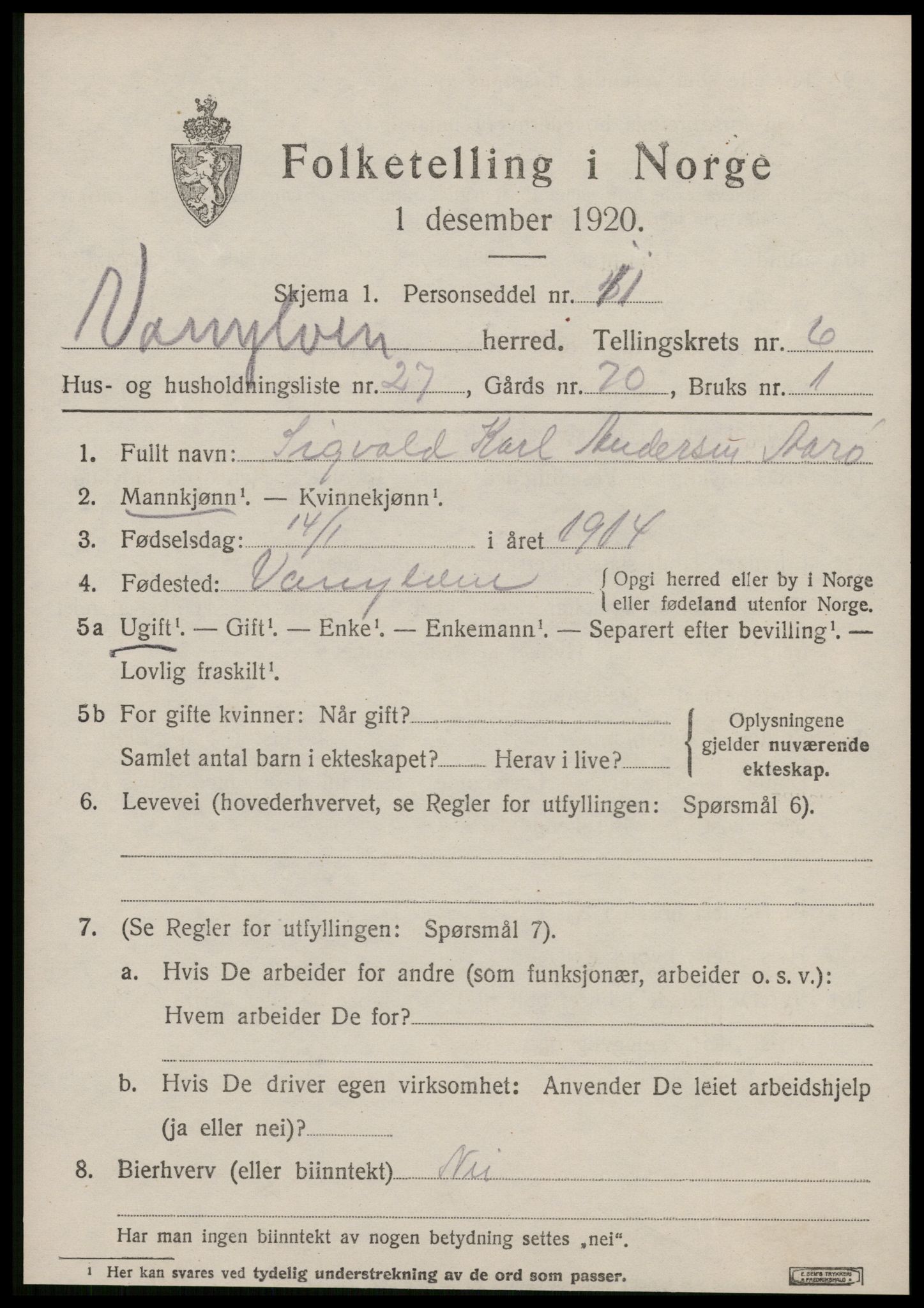 SAT, 1920 census for Vanylven, 1920, p. 3687