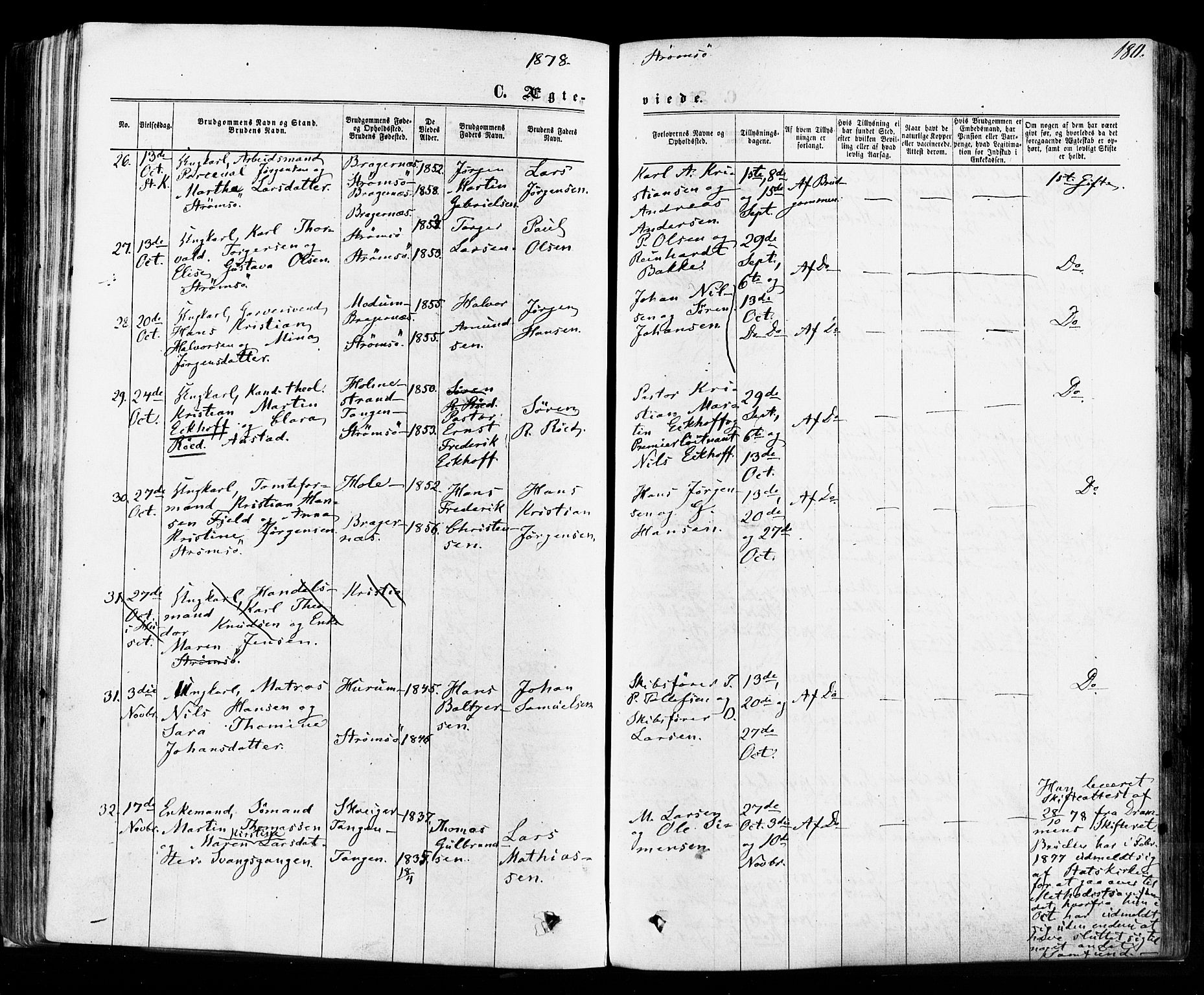 Strømsø kirkebøker, AV/SAKO-A-246/F/Fa/L0018: Parish register (official) no. I 18, 1865-1878, p. 180