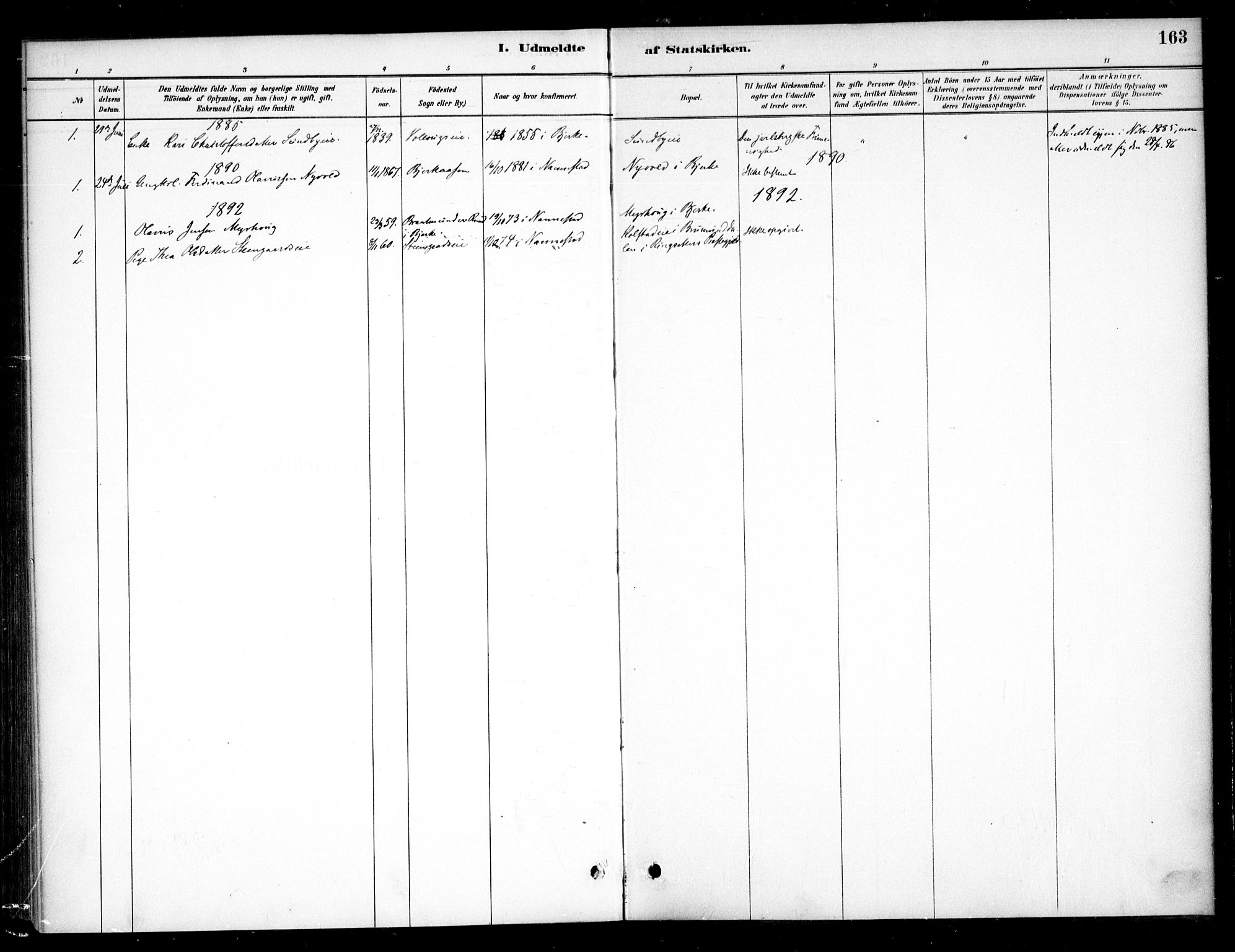 Nannestad prestekontor Kirkebøker, AV/SAO-A-10414a/F/Fc/L0001: Parish register (official) no. III 1, 1881-1892, p. 163