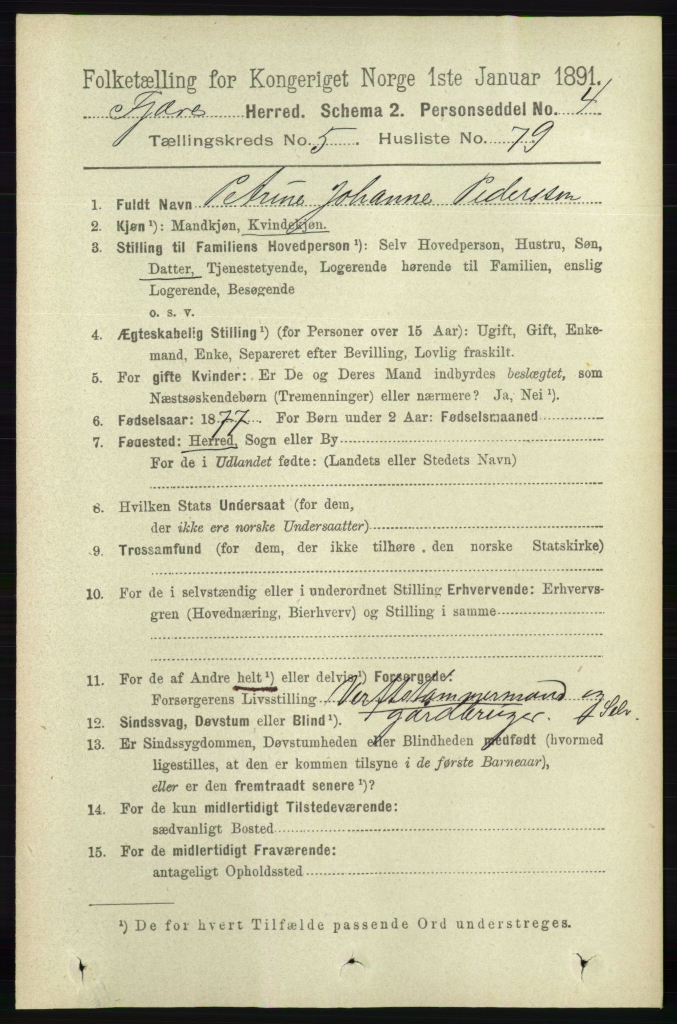 RA, 1891 census for 0923 Fjære, 1891, p. 2826