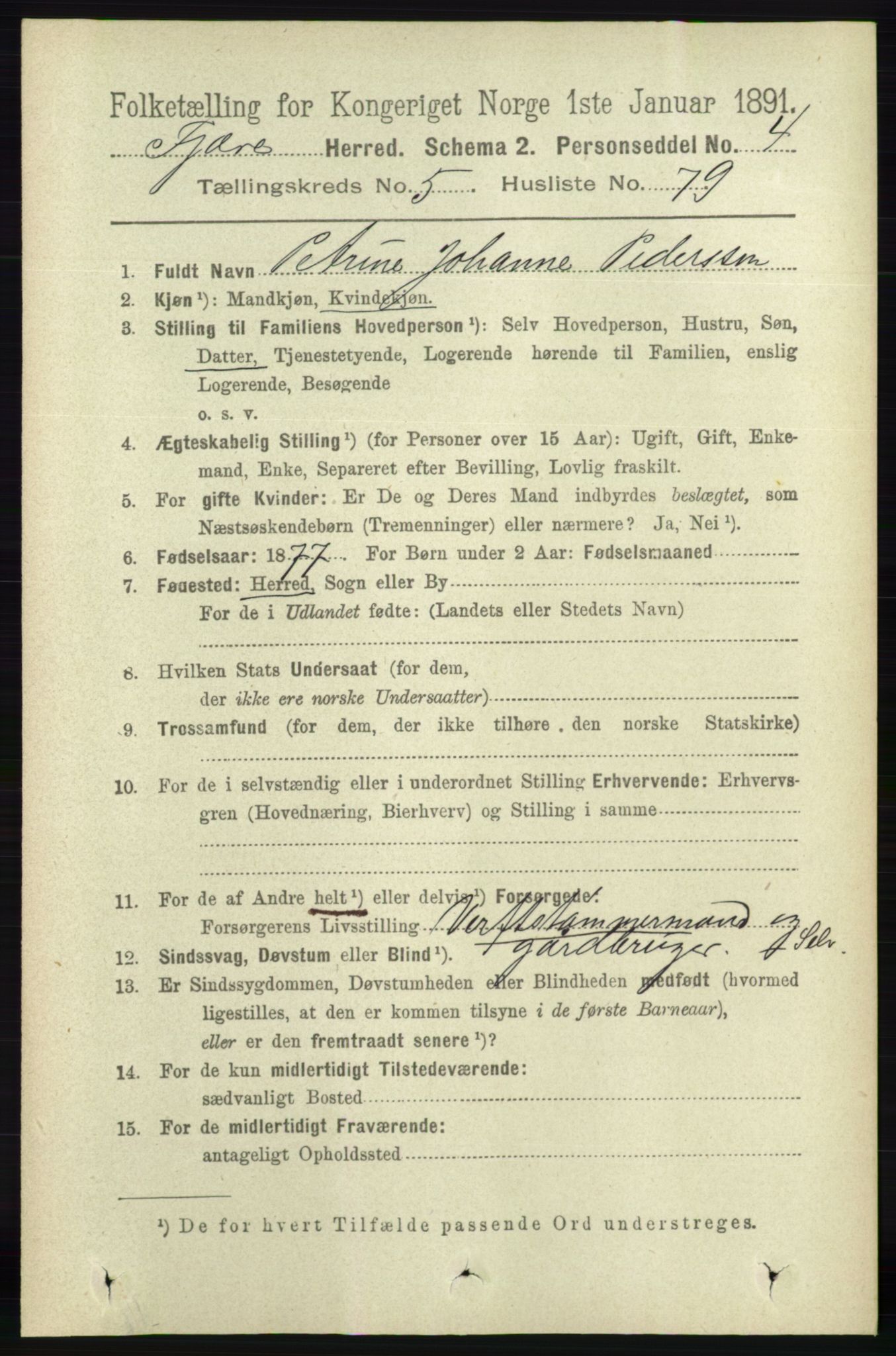 RA, 1891 census for 0923 Fjære, 1891, p. 2826