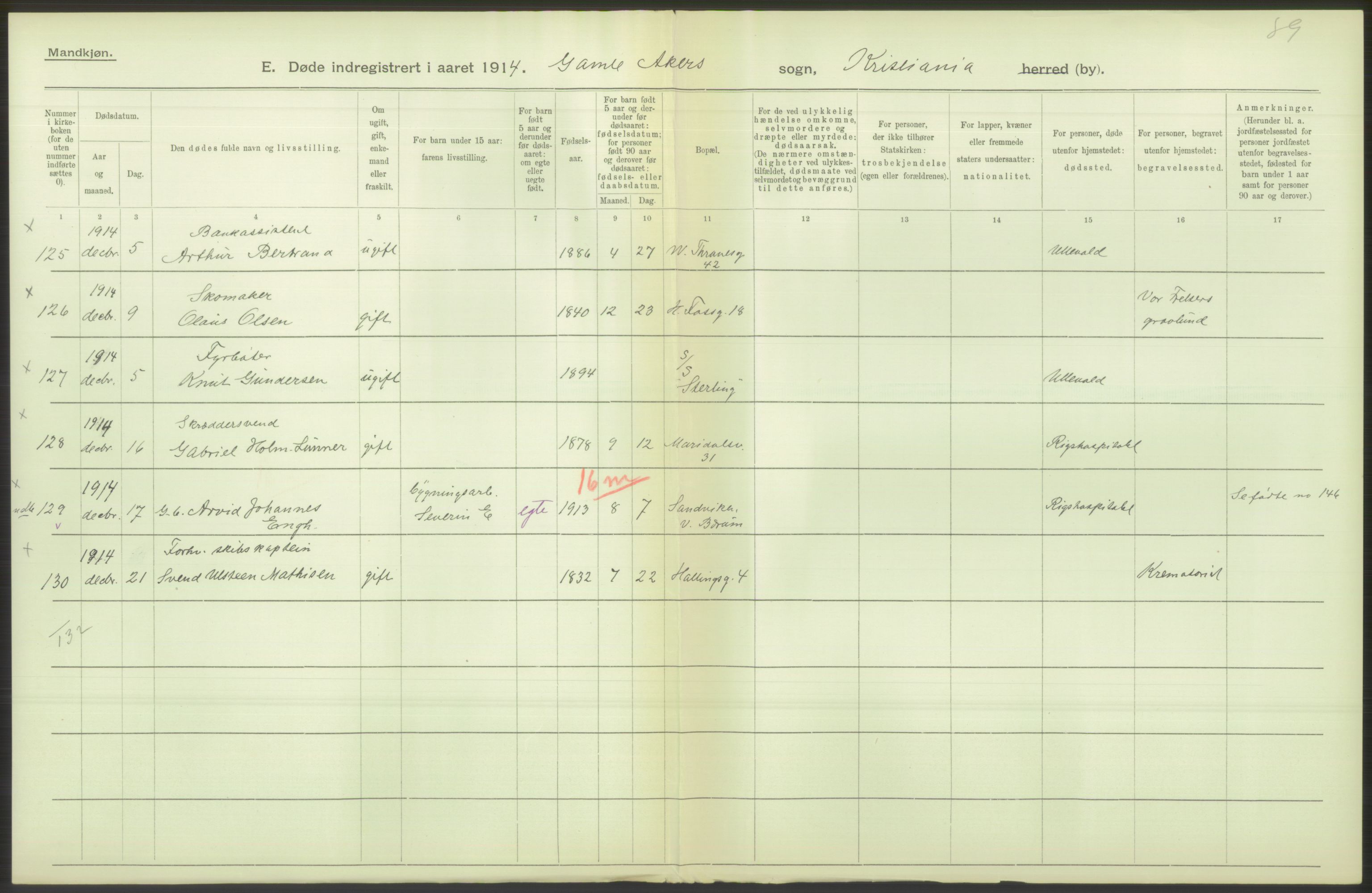 Statistisk sentralbyrå, Sosiodemografiske emner, Befolkning, AV/RA-S-2228/D/Df/Dfb/Dfbd/L0009: Kristiania: Døde, dødfødte, 1914, p. 484