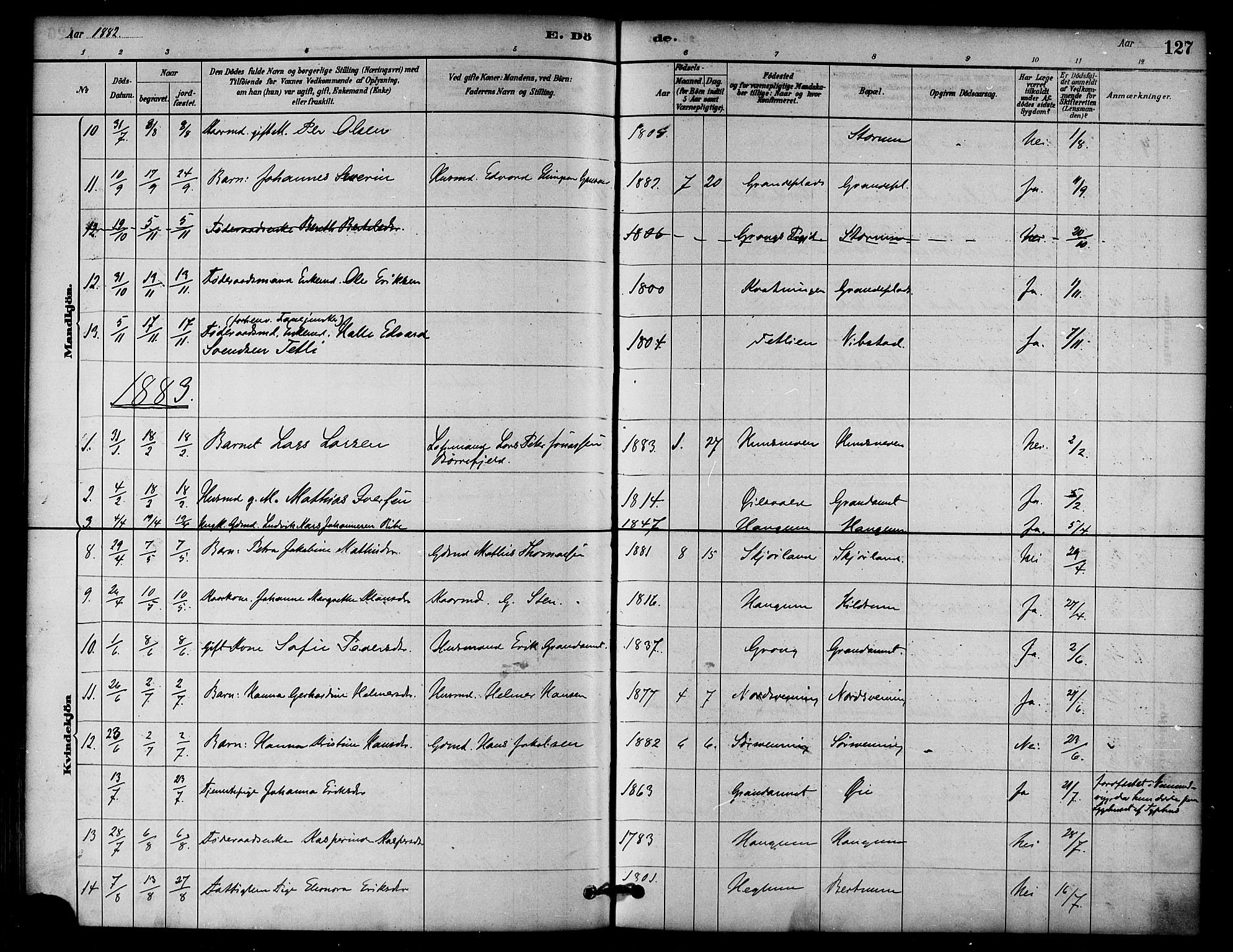 Ministerialprotokoller, klokkerbøker og fødselsregistre - Nord-Trøndelag, SAT/A-1458/764/L0555: Parish register (official) no. 764A10, 1881-1896, p. 127