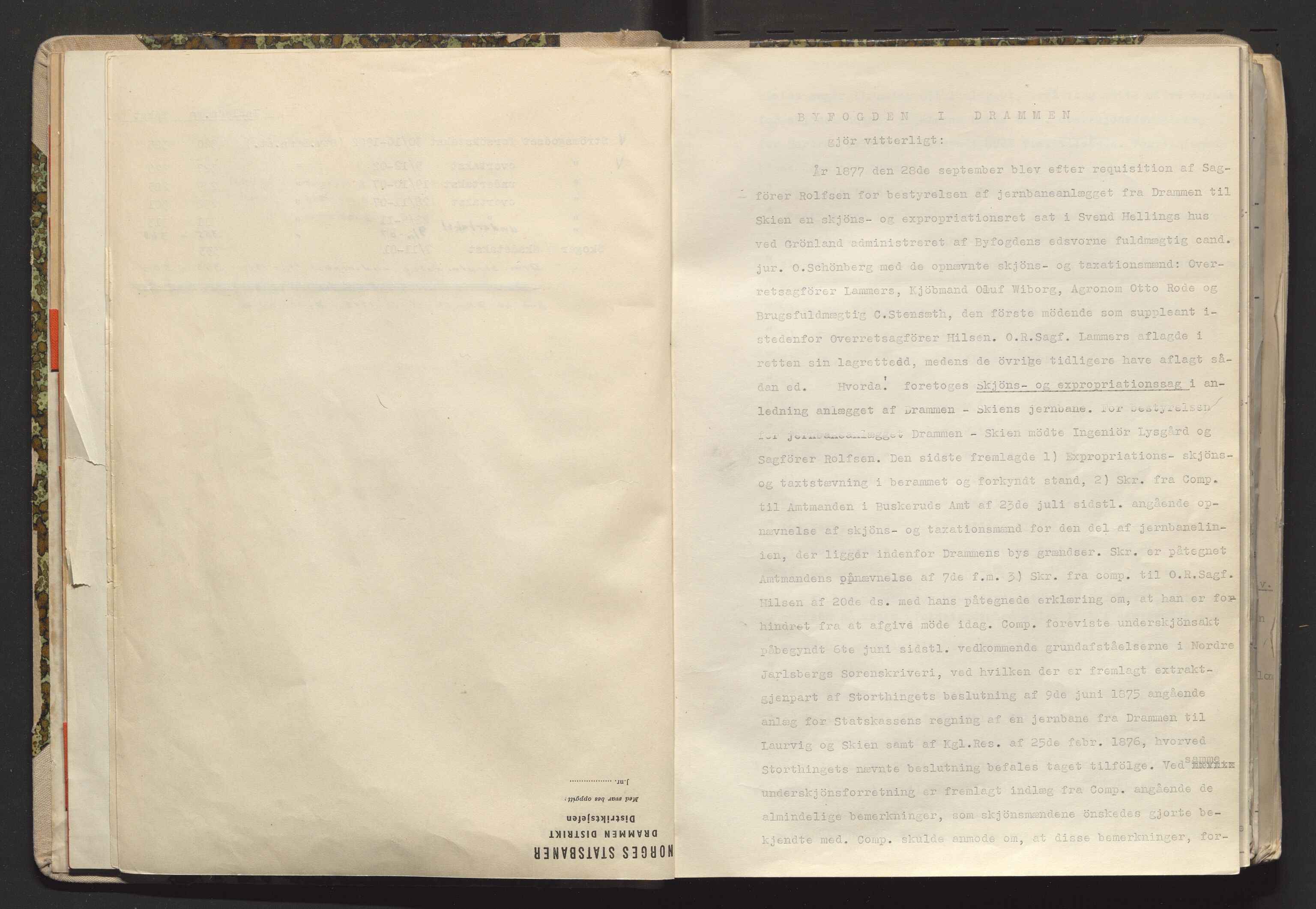 Norges Statsbaner Drammen distrikt (NSB), AV/SAKO-A-30/Y/Yc/L0005: Takster Vestfoldbanen strekningen Drammen-Horten samt Drammen stasjons utvidelse , 1877-1910, p. 1