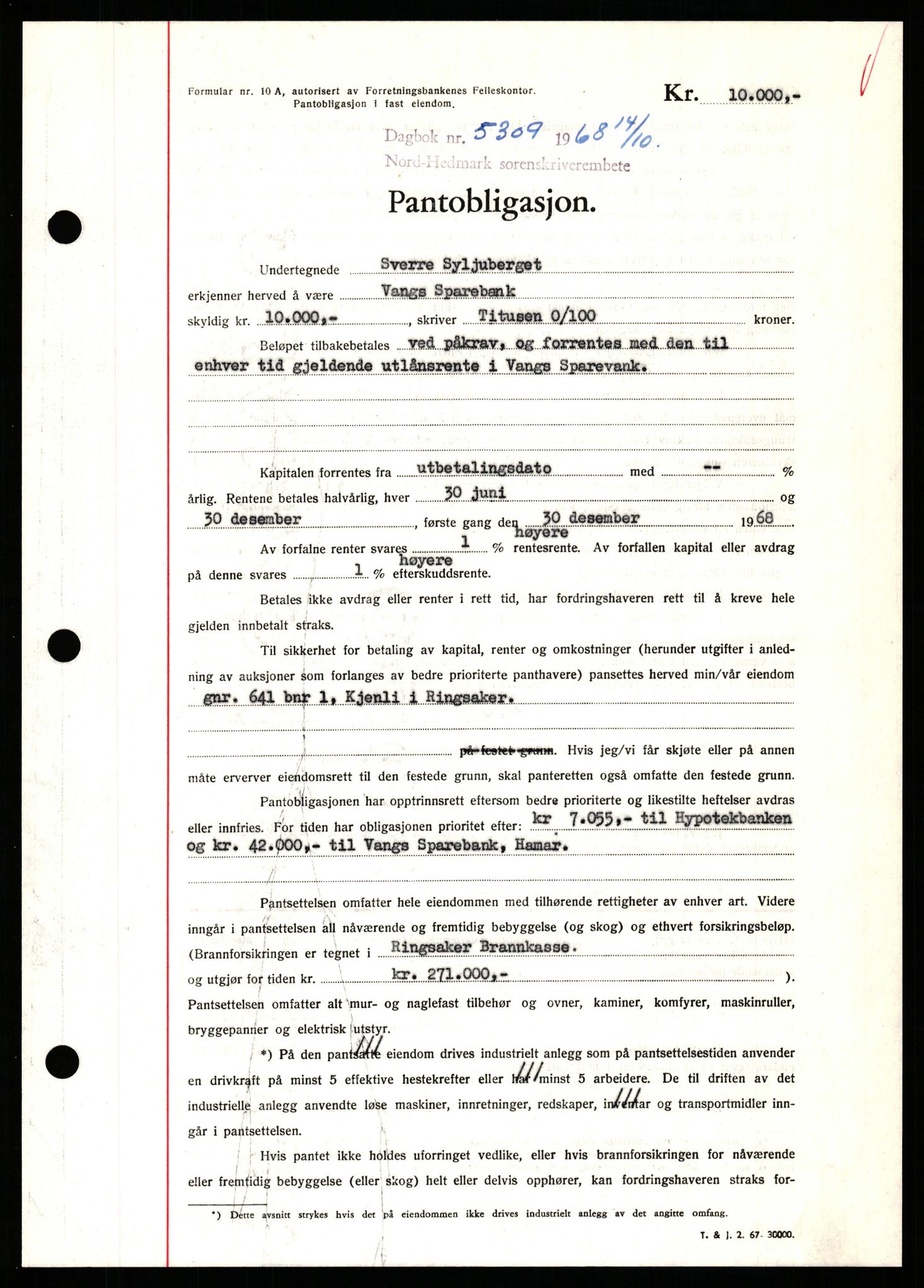 Nord-Hedmark sorenskriveri, SAH/TING-012/H/Hb/Hbf/L0077: Mortgage book no. B77, 1968-1969, Diary no: : 5309/1968