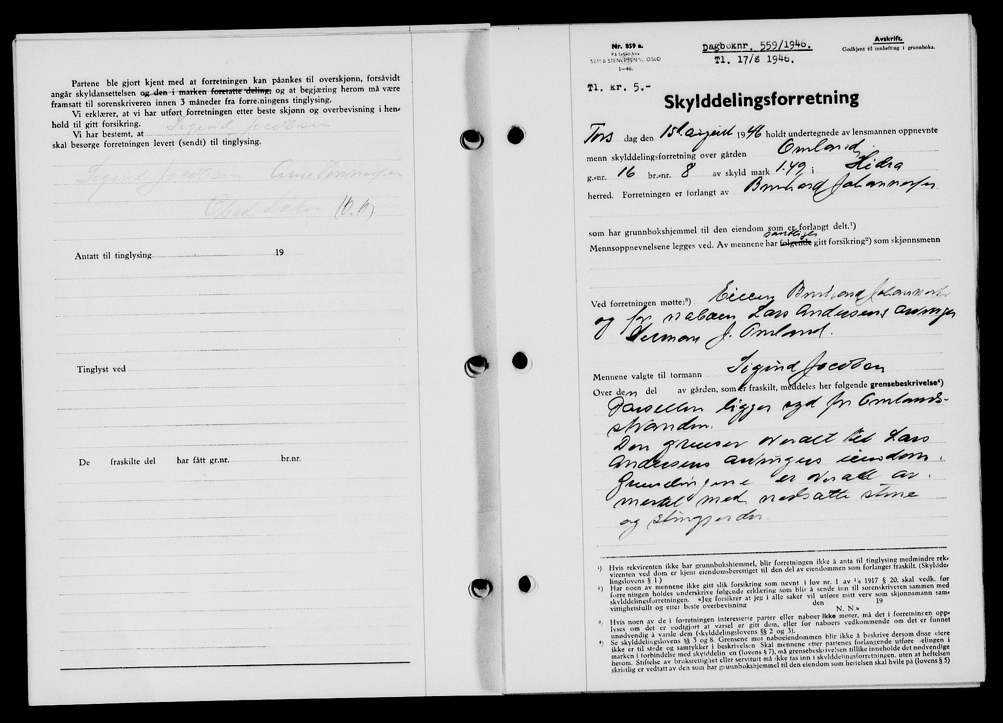 Flekkefjord sorenskriveri, SAK/1221-0001/G/Gb/Gba/L0060: Mortgage book no. A-8, 1945-1946, Diary no: : 559/1946