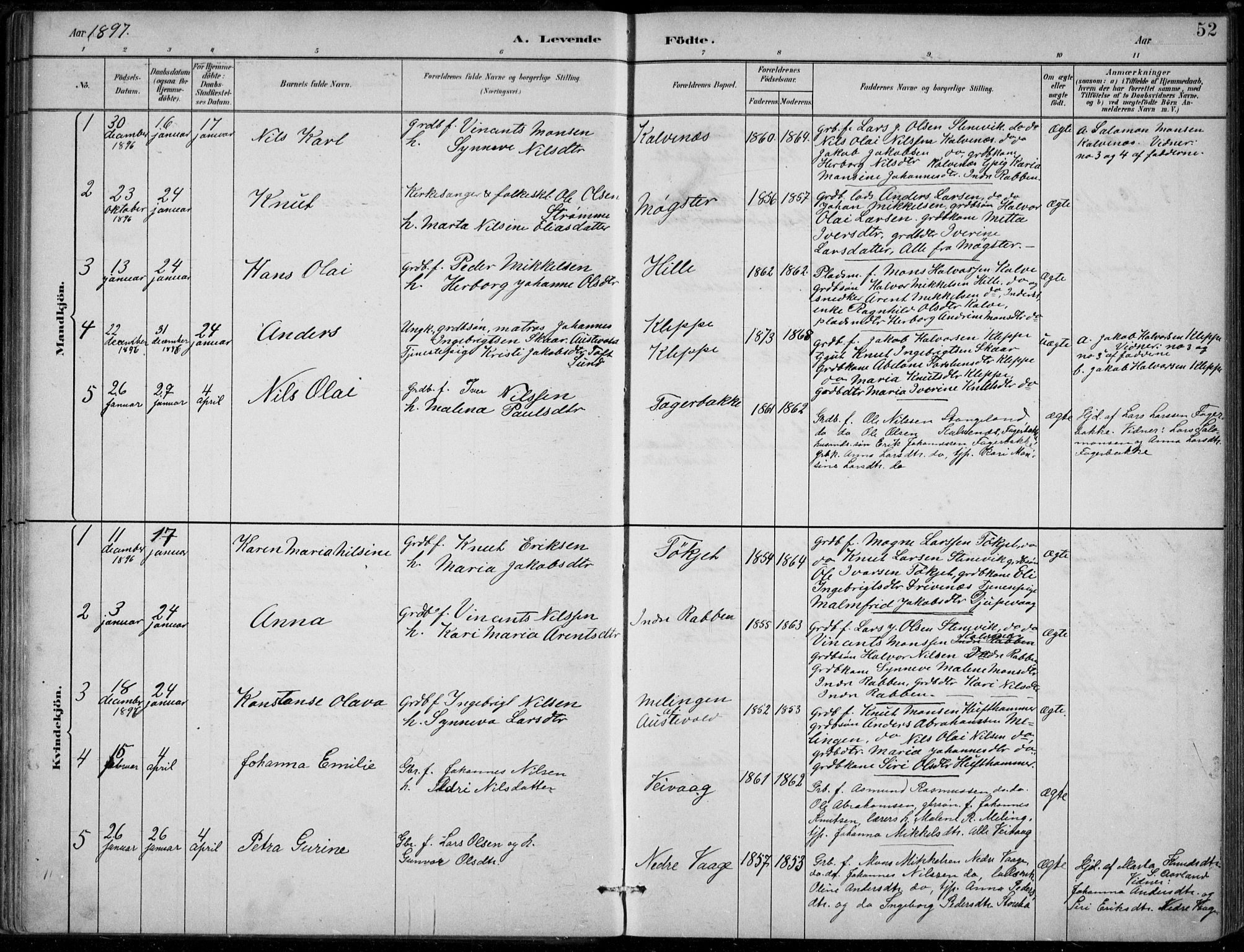 Sund sokneprestembete, AV/SAB-A-99930: Parish register (official) no. D 1, 1882-1899, p. 52