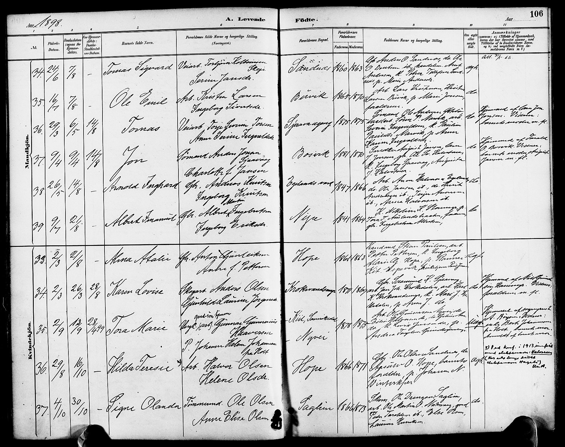 Søndeled sokneprestkontor, AV/SAK-1111-0038/F/Fa/L0005: Parish register (official) no. A 5, 1889-1899, p. 106