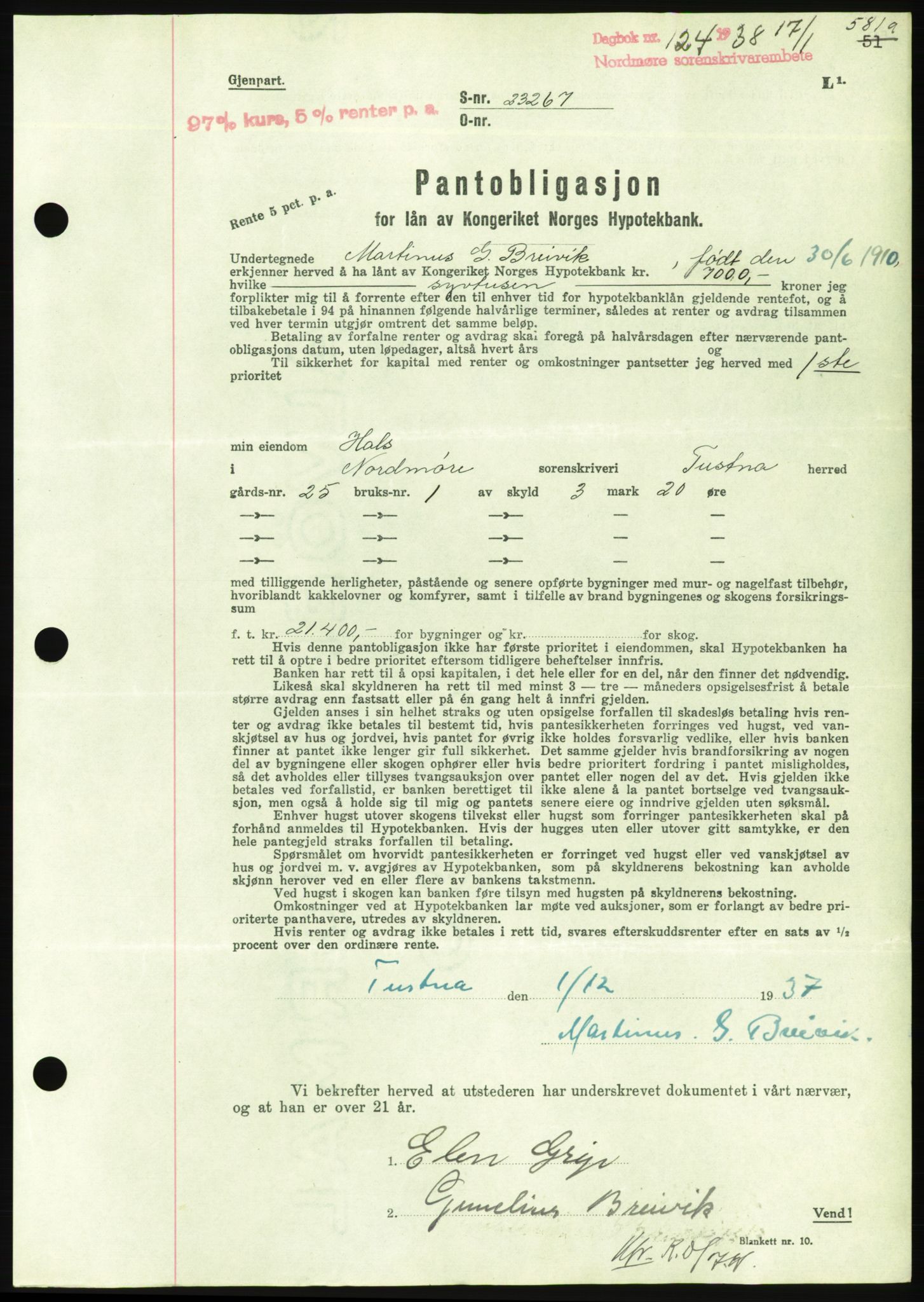 Nordmøre sorenskriveri, AV/SAT-A-4132/1/2/2Ca/L0092: Mortgage book no. B82, 1937-1938, Diary no: : 124/1938