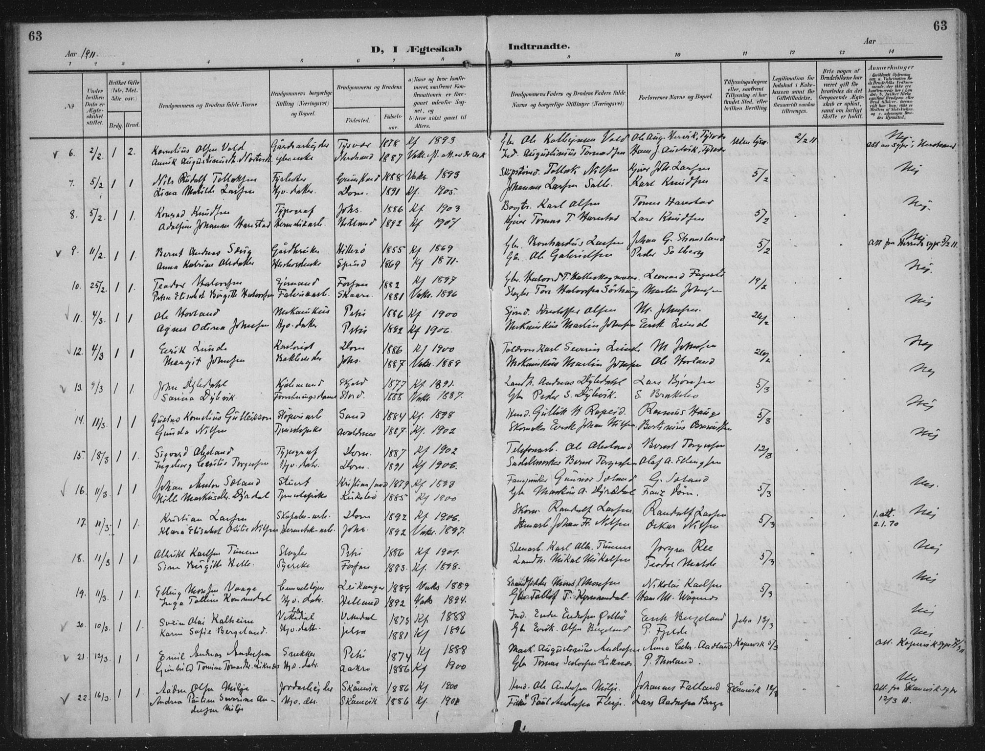 Domkirken sokneprestkontor, SAST/A-101812/002/A/L0016: Parish register (official) no. A 33, 1905-1922, p. 63