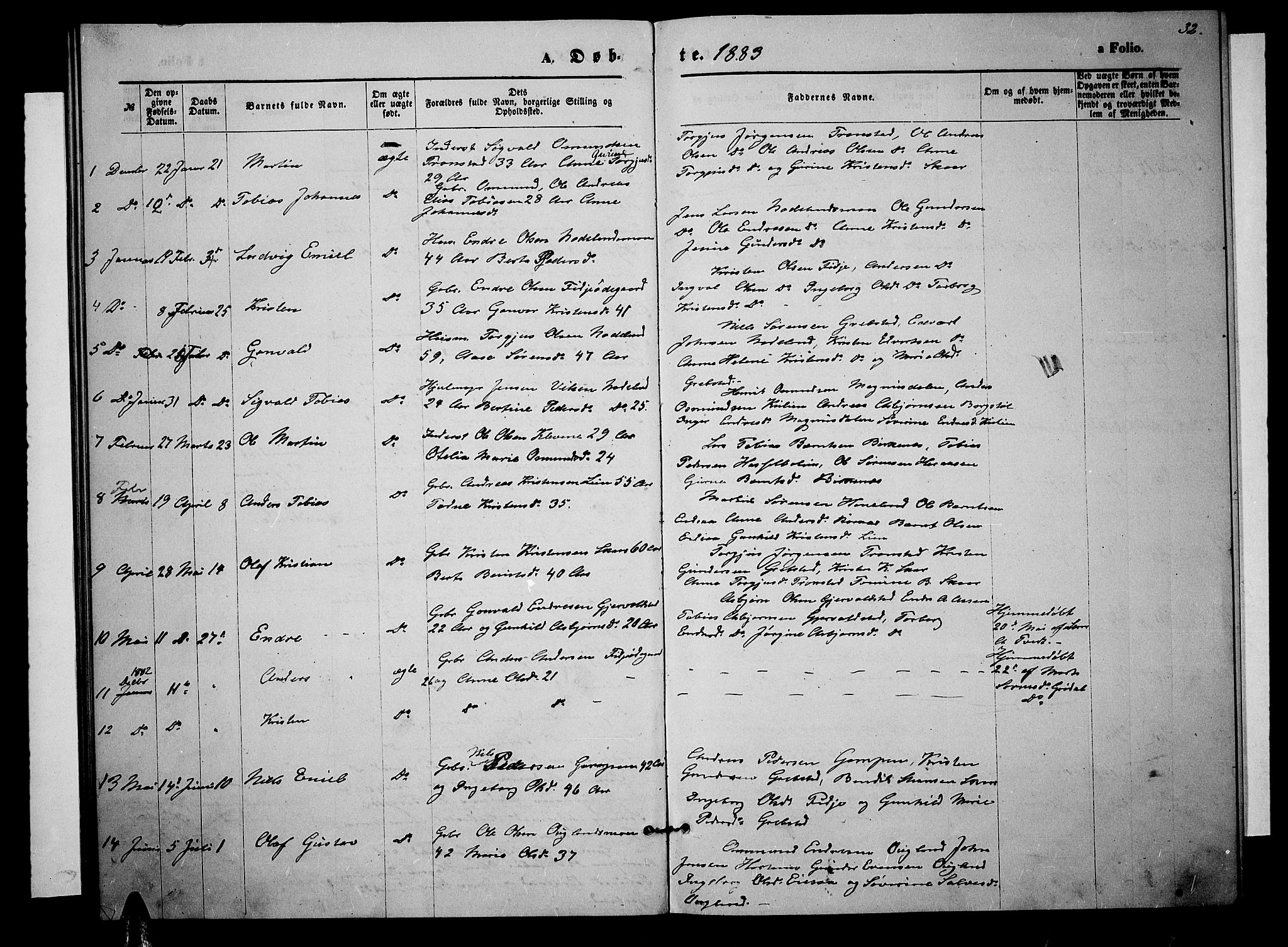 Søgne sokneprestkontor, SAK/1111-0037/F/Fb/Fba/L0003: Parish register (copy) no. B 3, 1874-1887, p. 32