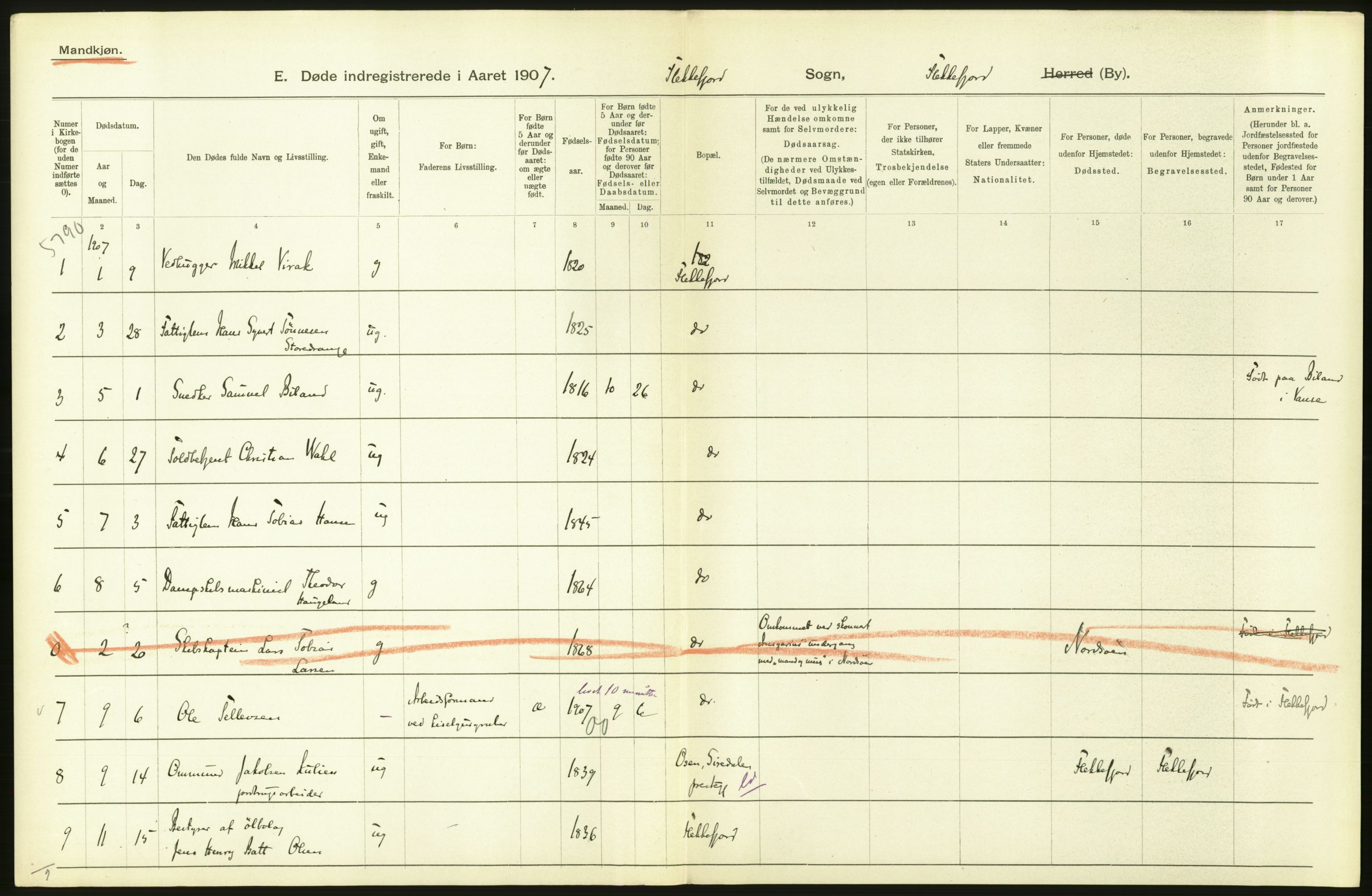 Statistisk sentralbyrå, Sosiodemografiske emner, Befolkning, RA/S-2228/D/Df/Dfa/Dfae/L0023: Lister og Mandals amt: Gifte, døde, dødfødte. Bygder og byer., 1907, p. 192