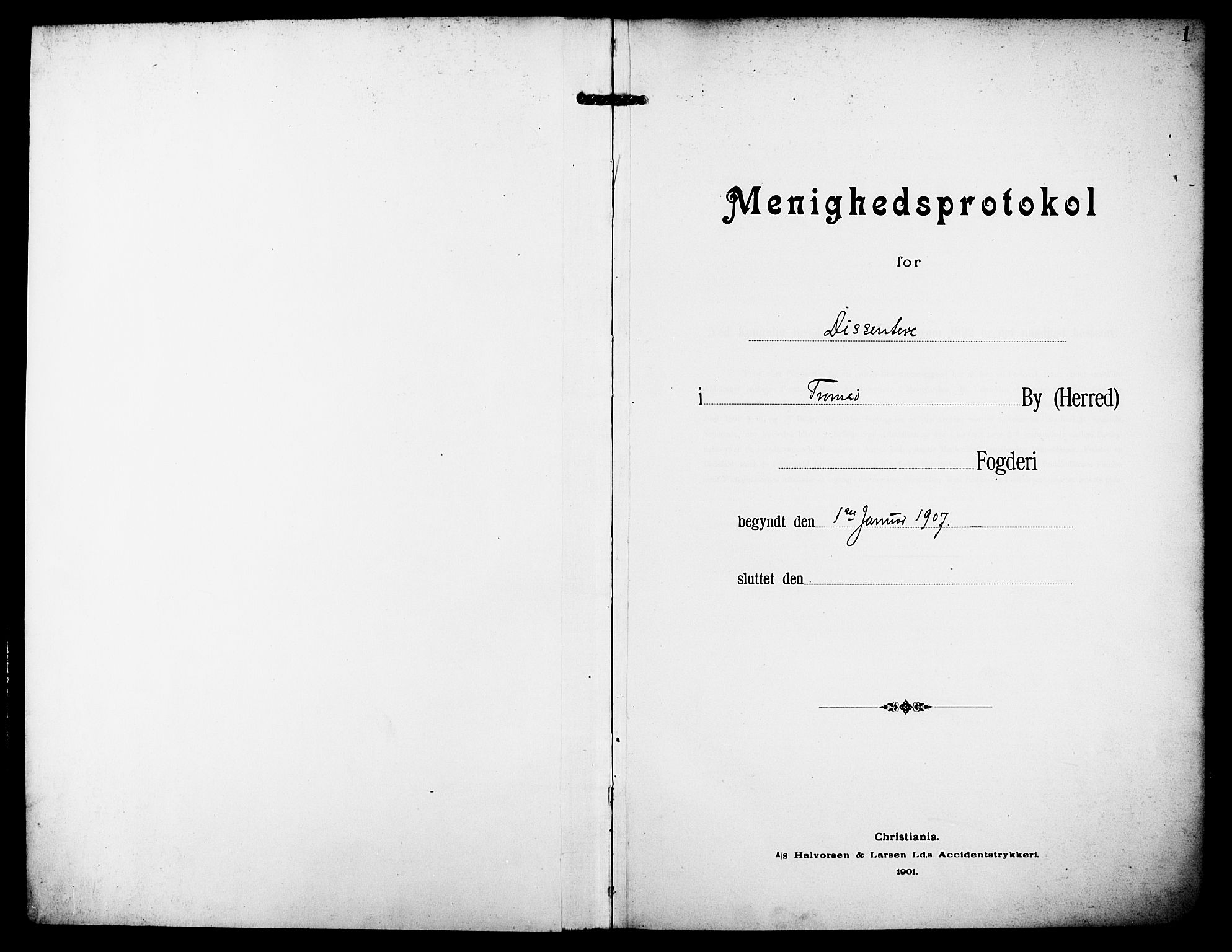 Tromsø sokneprestkontor/stiftsprosti/domprosti, AV/SATØ-S-1343/G/Ge/L0068: Dissenter register no. 68, 1907-1917, p. 1