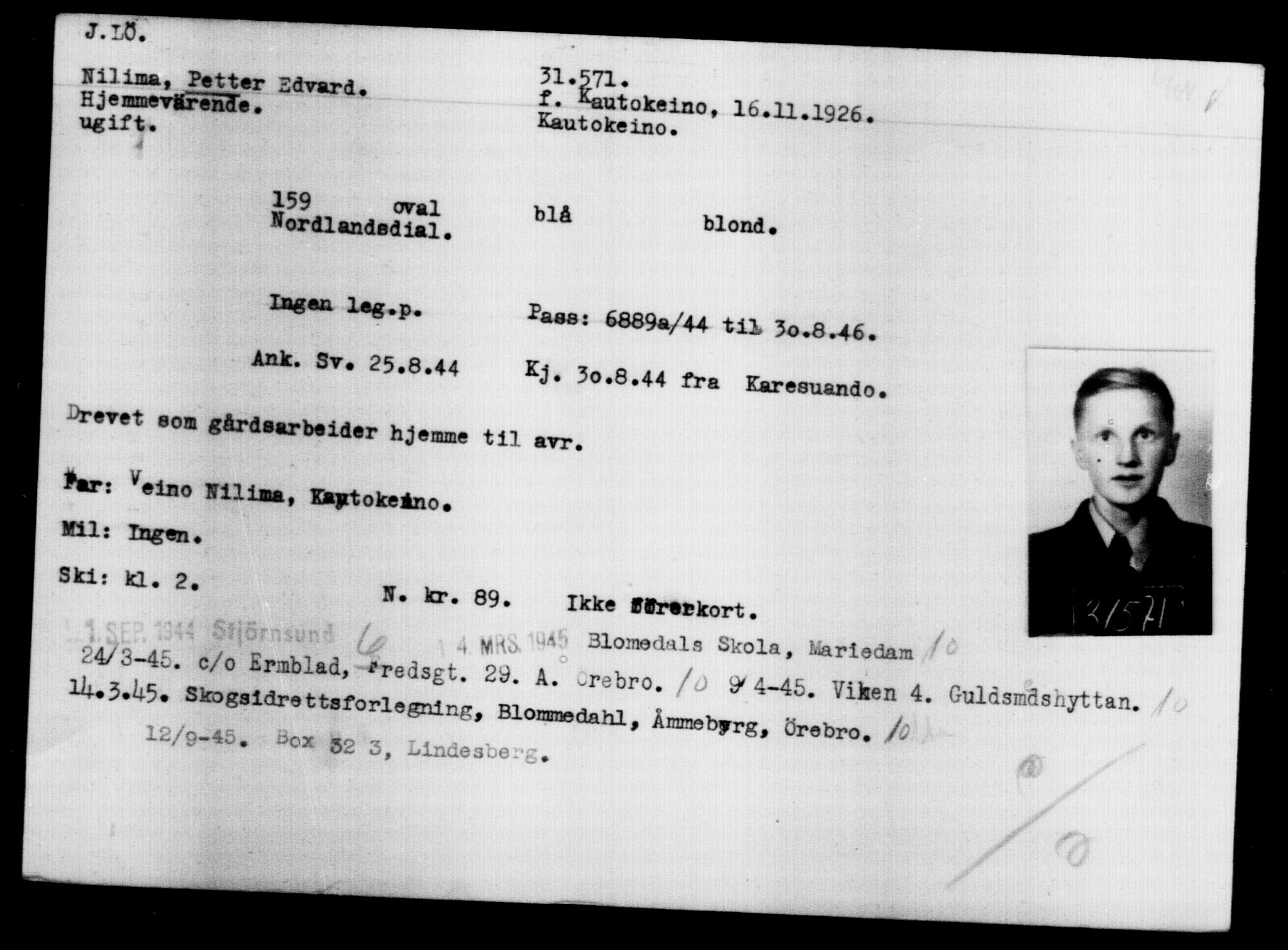 Utenriksstasjonene, Legasjonen i Stockholm, Flyktningkontoret, AV/RA-S-6753/V/Va/L0013: Kjesäterkartoteket, flyktninger med registreringsnr. 31500-34731, 1940-1945, p. 77