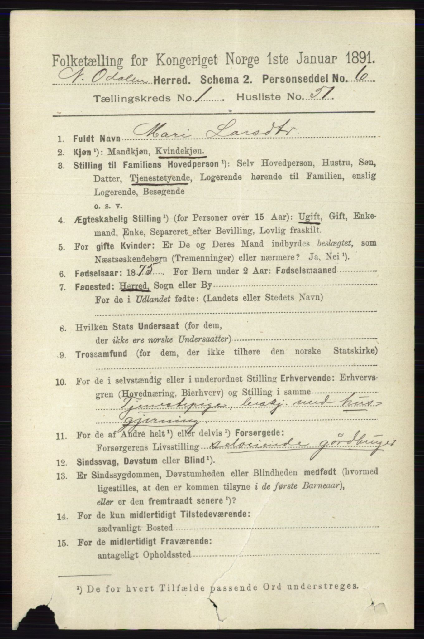 RA, 1891 census for 0418 Nord-Odal, 1891, p. 374