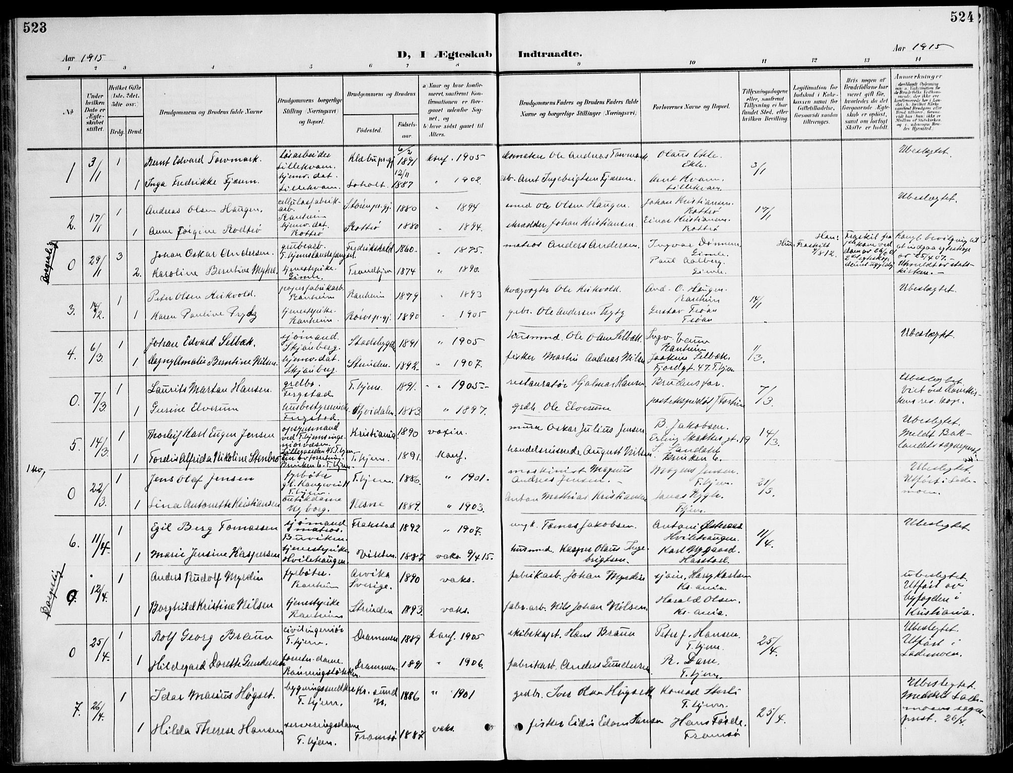 Ministerialprotokoller, klokkerbøker og fødselsregistre - Sør-Trøndelag, SAT/A-1456/607/L0320: Parish register (official) no. 607A04, 1907-1915, p. 523-524