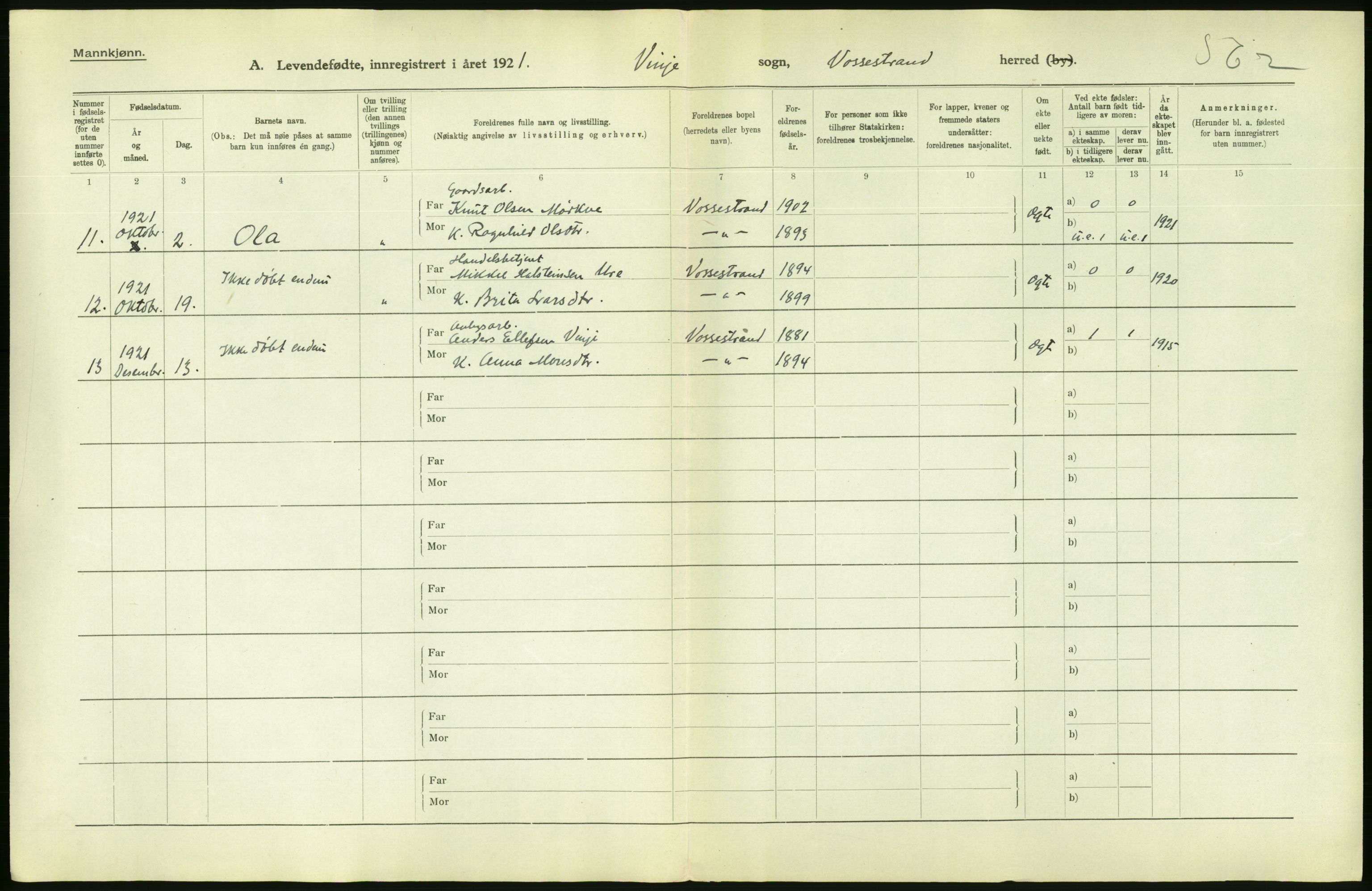 Statistisk sentralbyrå, Sosiodemografiske emner, Befolkning, AV/RA-S-2228/D/Df/Dfc/Dfca/L0032: Hordaland fylke: Levendefødte menn og kvinner, gifte, dødfødte. Bygder., 1921, p. 6