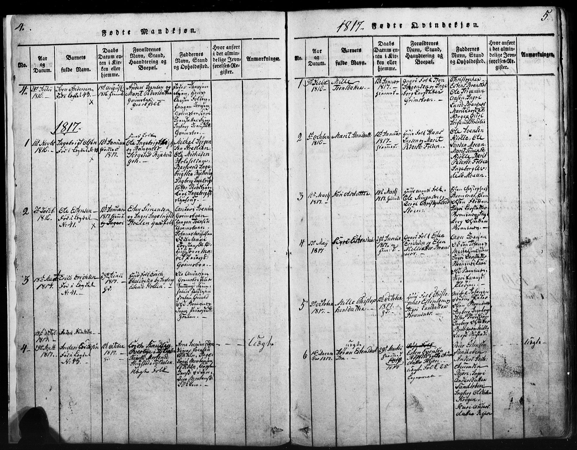 Tynset prestekontor, SAH/PREST-058/H/Ha/Hab/L0003: Parish register (copy) no. 3, 1814-1862, p. 4-5