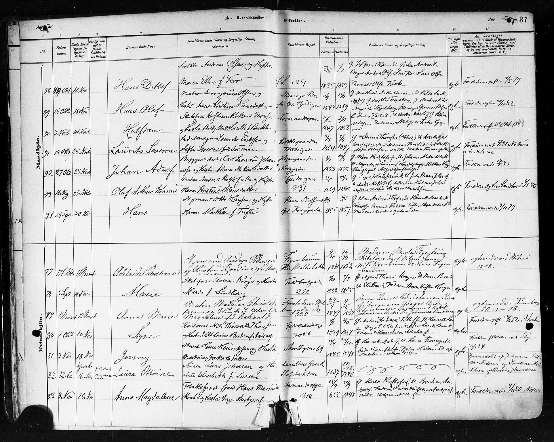 Tønsberg kirkebøker, AV/SAKO-A-330/F/Fa/L0011: Parish register (official) no. I 11, 1881-1890, p. 37