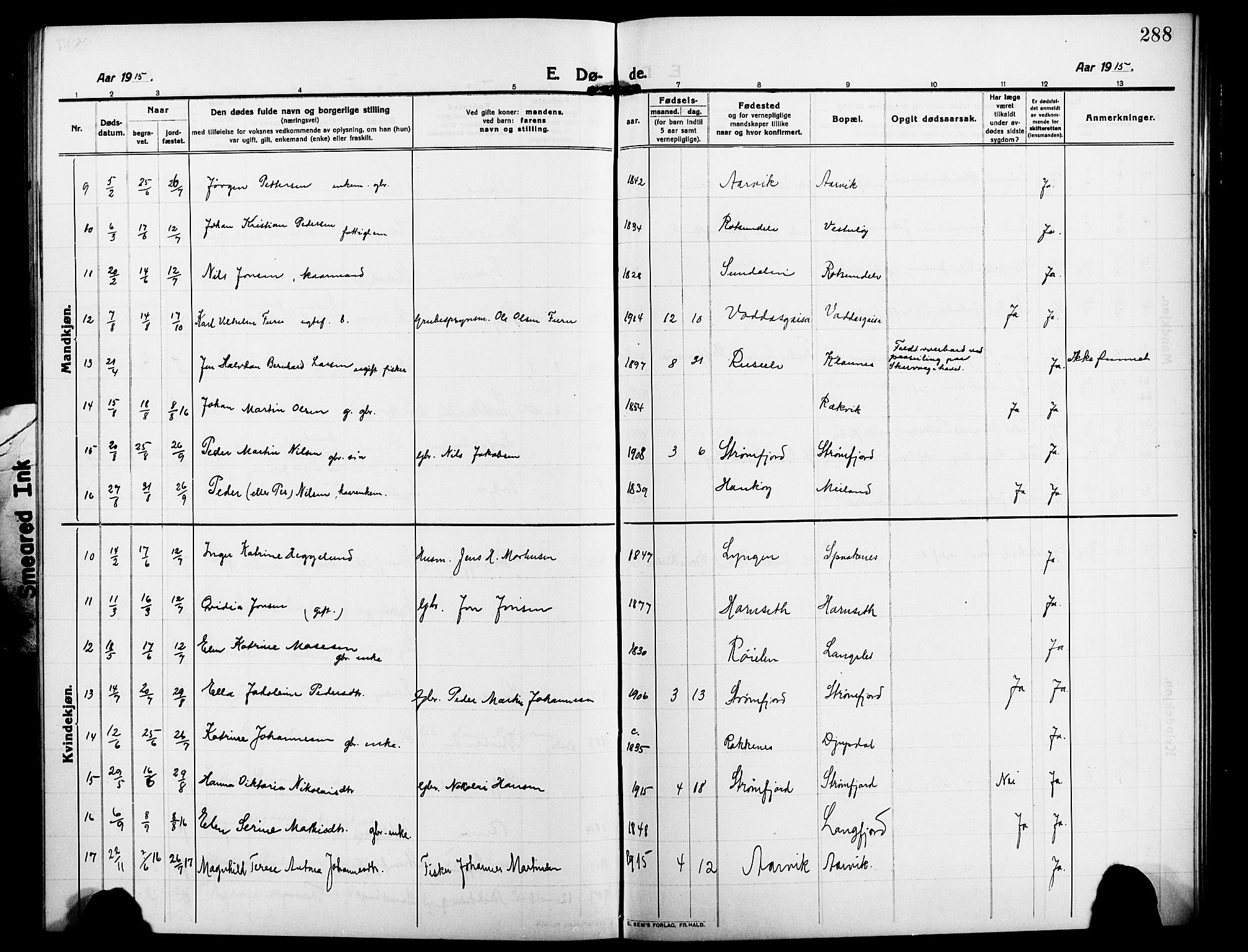 Skjervøy sokneprestkontor, AV/SATØ-S-1300/H/Ha/Hab/L0009klokker: Parish register (copy) no. 9, 1911-1926, p. 288