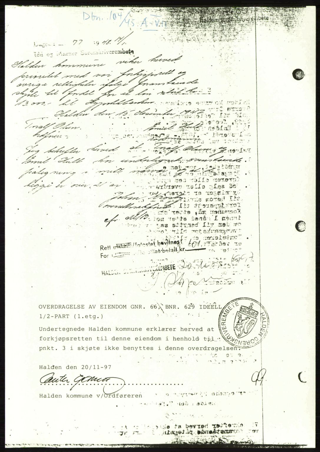 Idd og Marker sorenskriveri, AV/SAO-A-10283/G/Gb/Gbb/L0007: Mortgage book no. A7, 1944-1945, Diary no: : 104/1945