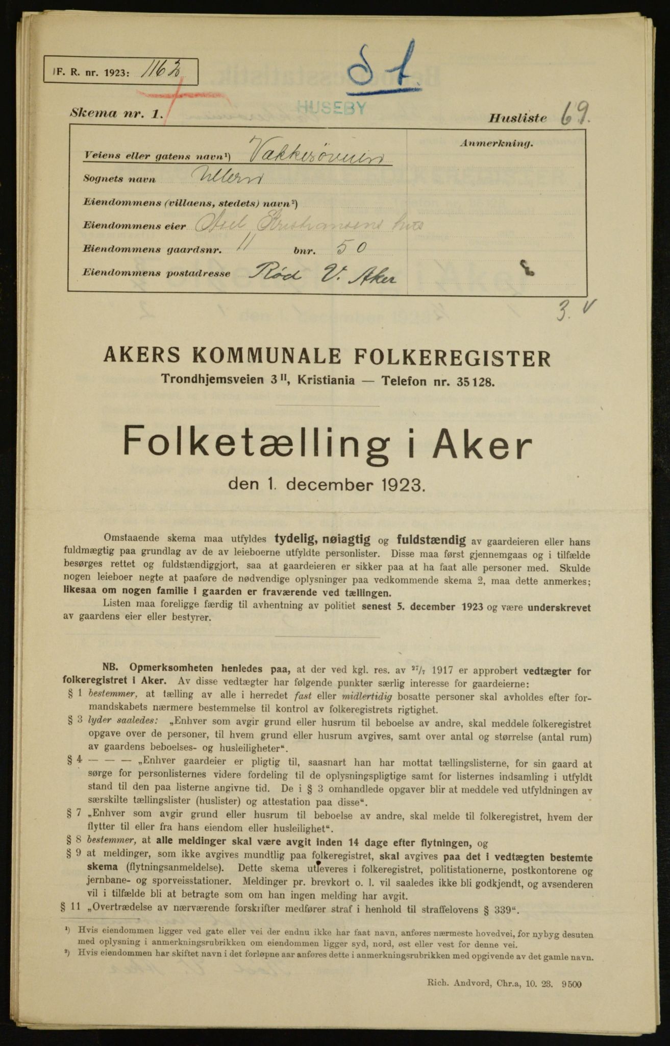 , Municipal Census 1923 for Aker, 1923, p. 7005