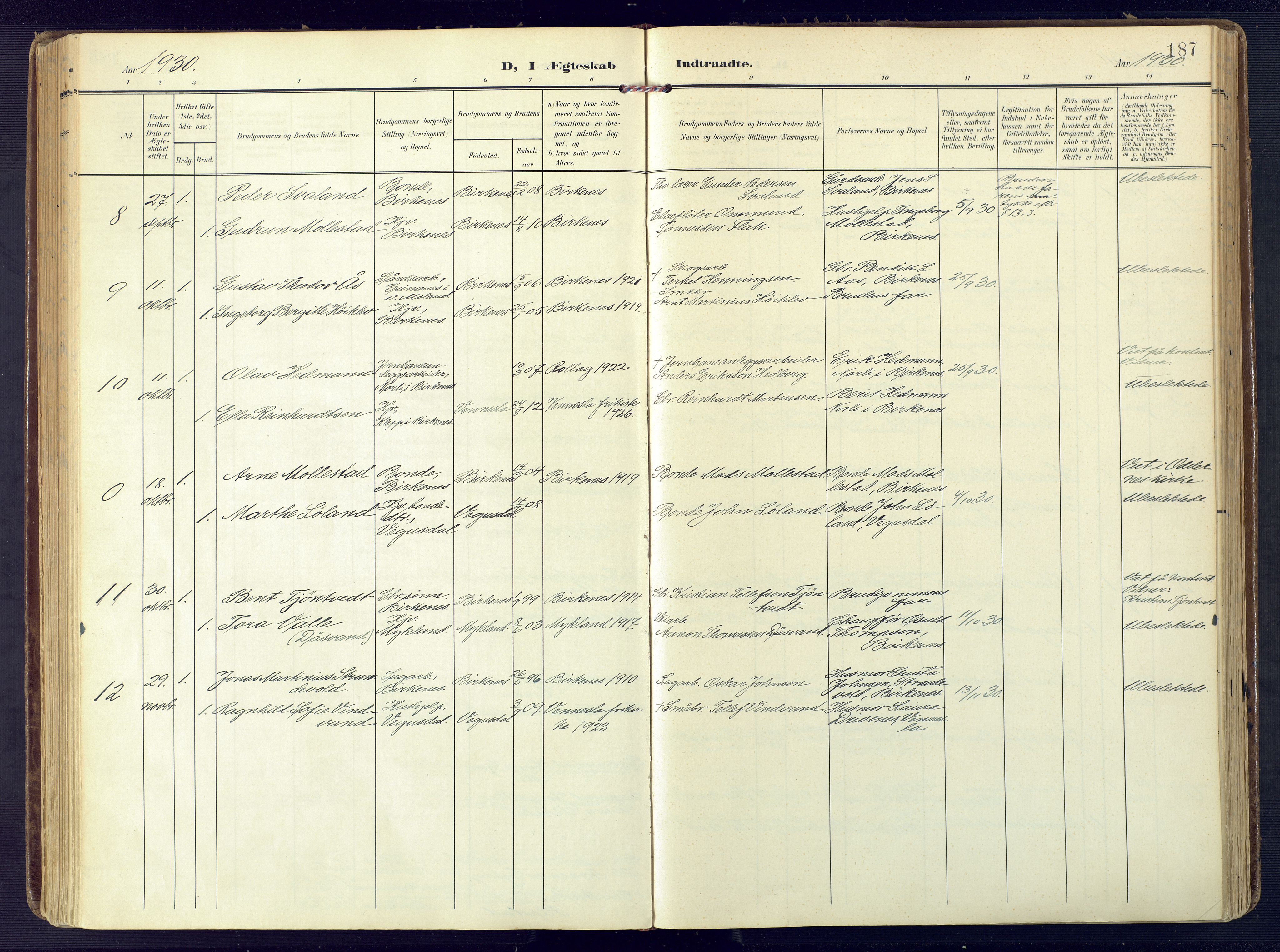 Birkenes sokneprestkontor, AV/SAK-1111-0004/F/Fa/L0006: Parish register (official) no. A 6, 1908-1932, p. 187