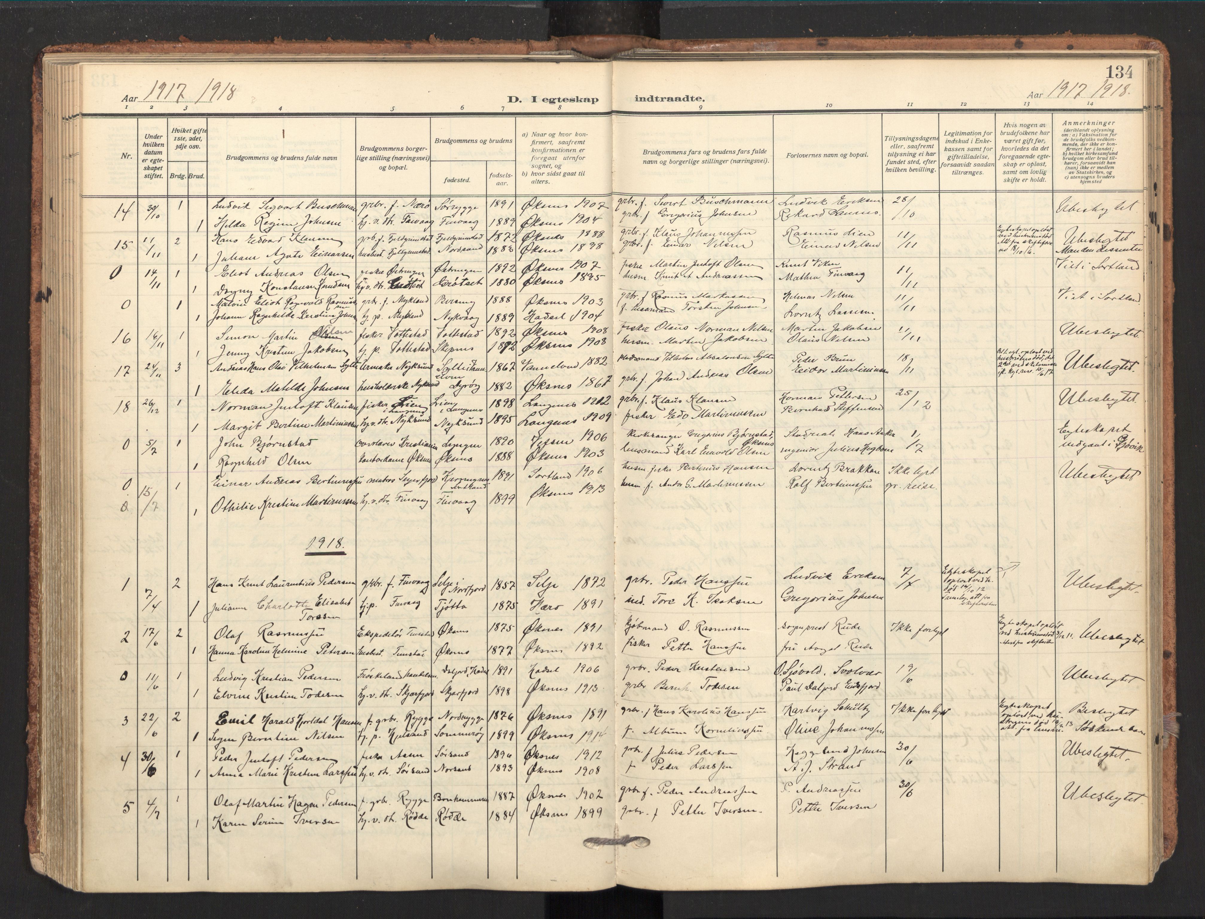 Ministerialprotokoller, klokkerbøker og fødselsregistre - Nordland, SAT/A-1459/893/L1343: Parish register (official) no. 893A15, 1914-1928, p. 134