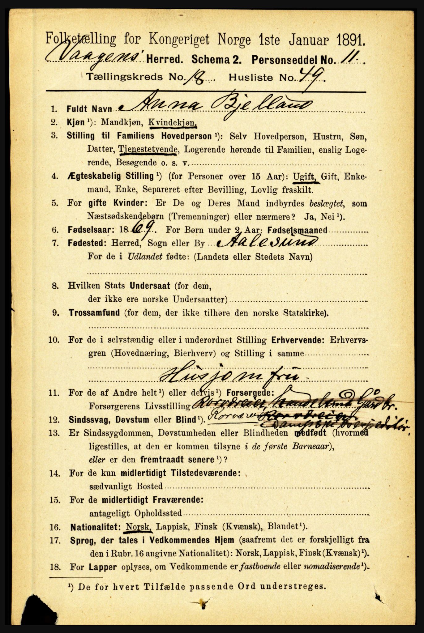 RA, 1891 census for 1865 Vågan, 1891, p. 5450