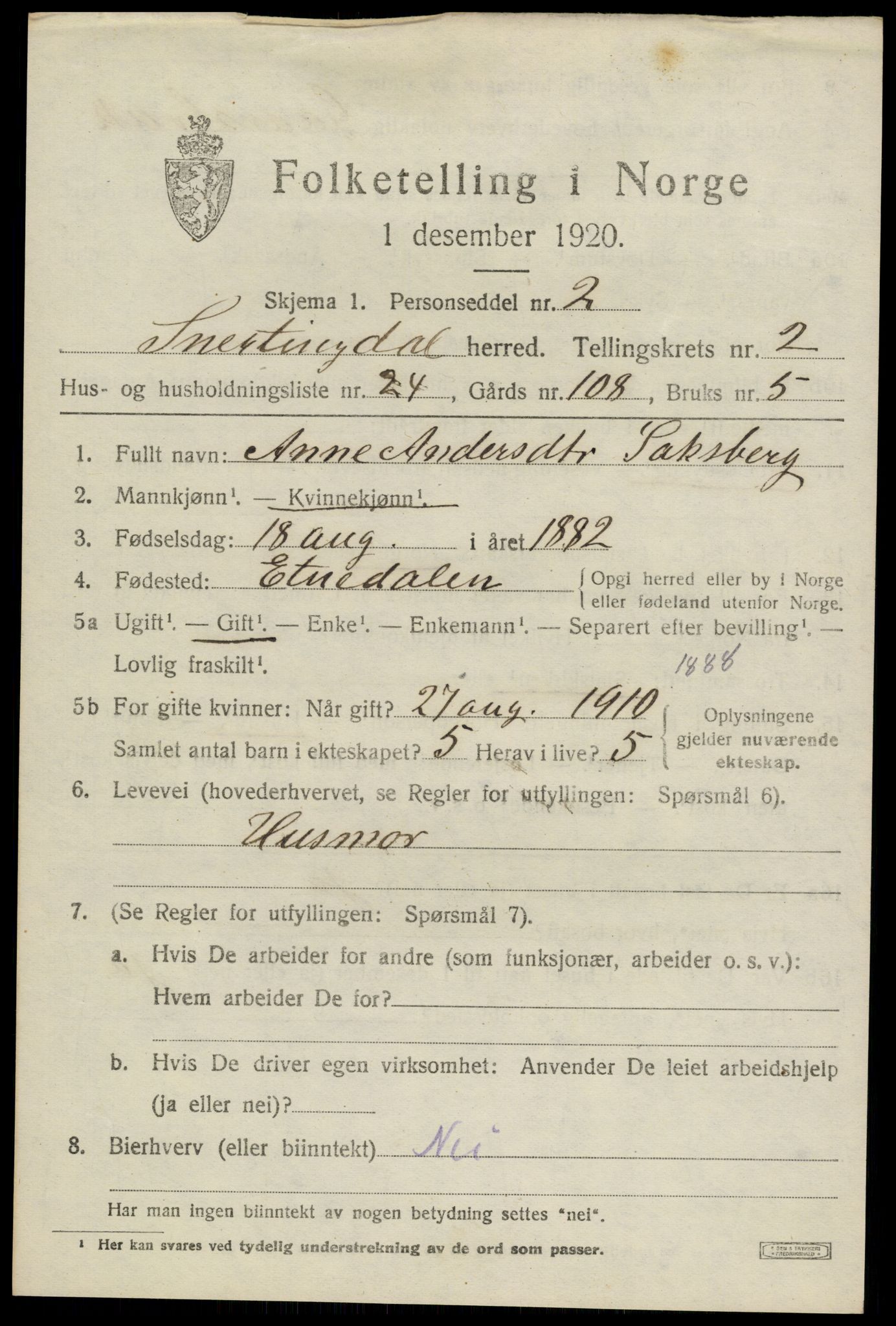 SAH, 1920 census for Snertingdal, 1920, p. 1691