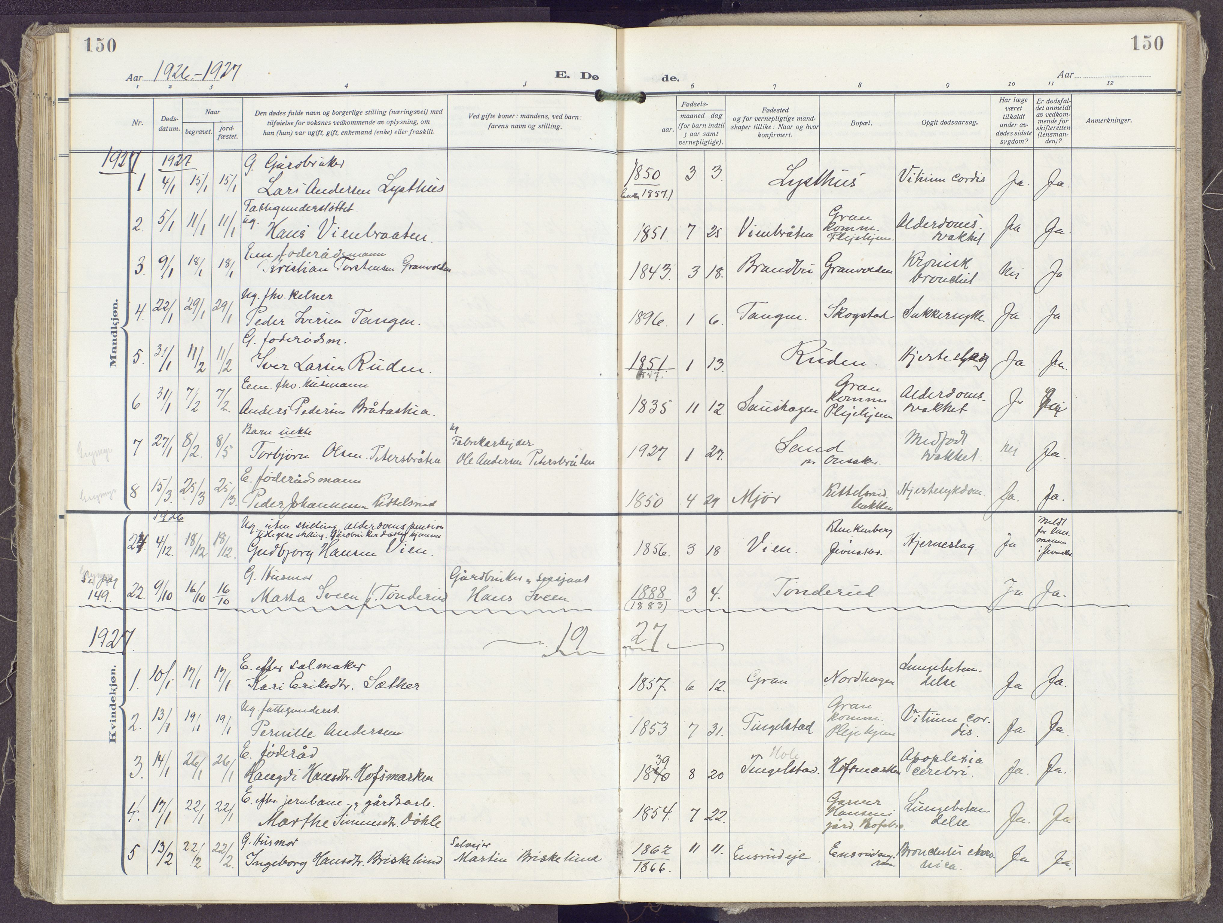 Gran prestekontor, SAH/PREST-112/H/Ha/Haa/L0023: Parish register (official) no. 23, 1919-1938, p. 150