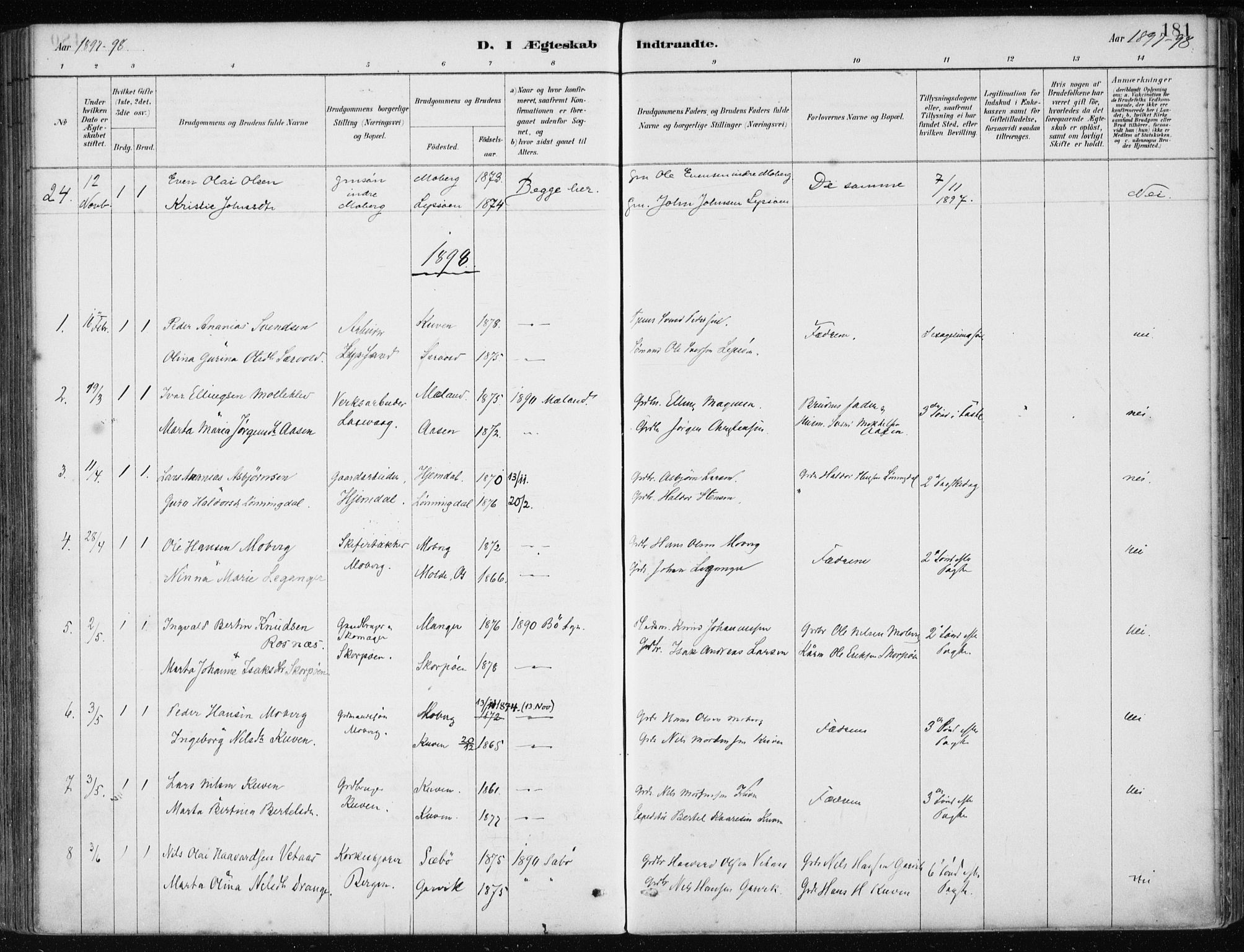 Os sokneprestembete, AV/SAB-A-99929: Parish register (official) no. B 1, 1885-1902, p. 181