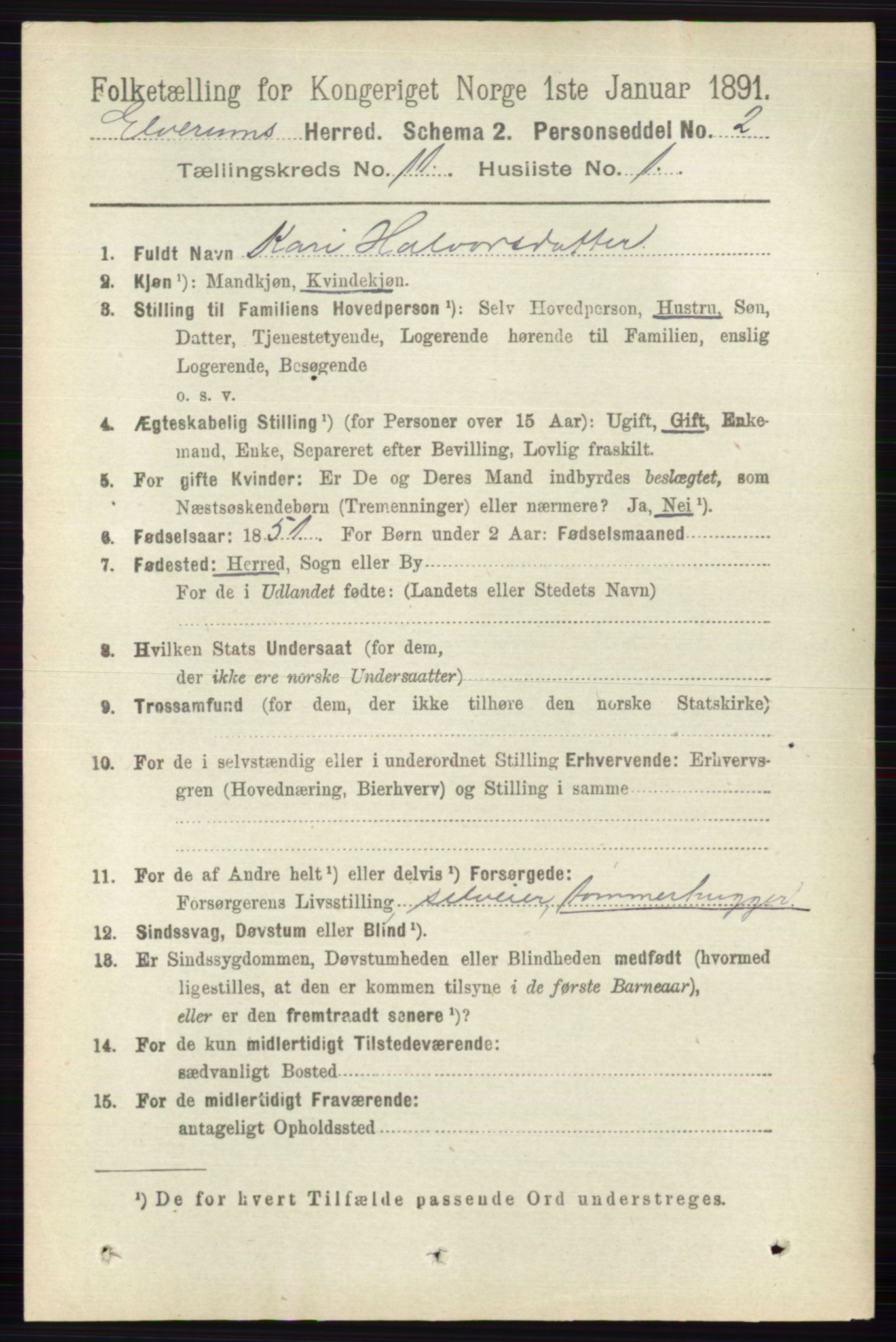 RA, 1891 census for 0427 Elverum, 1891, p. 9050