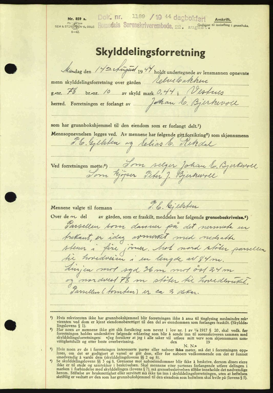 Romsdal sorenskriveri, SAT/A-4149/1/2/2C: Mortgage book no. A16, 1944-1944, Diary no: : 1189/1944