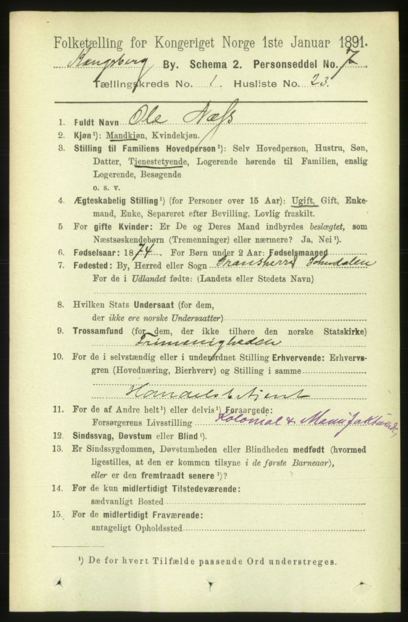 RA, 1891 census for 0604 Kongsberg, 1891, p. 1802