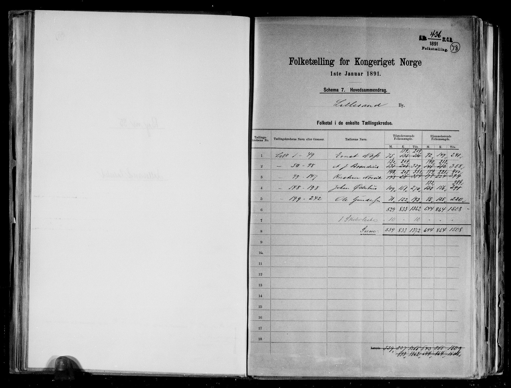 RA, 1891 census for 0905 Lillesand, 1891, p. 2